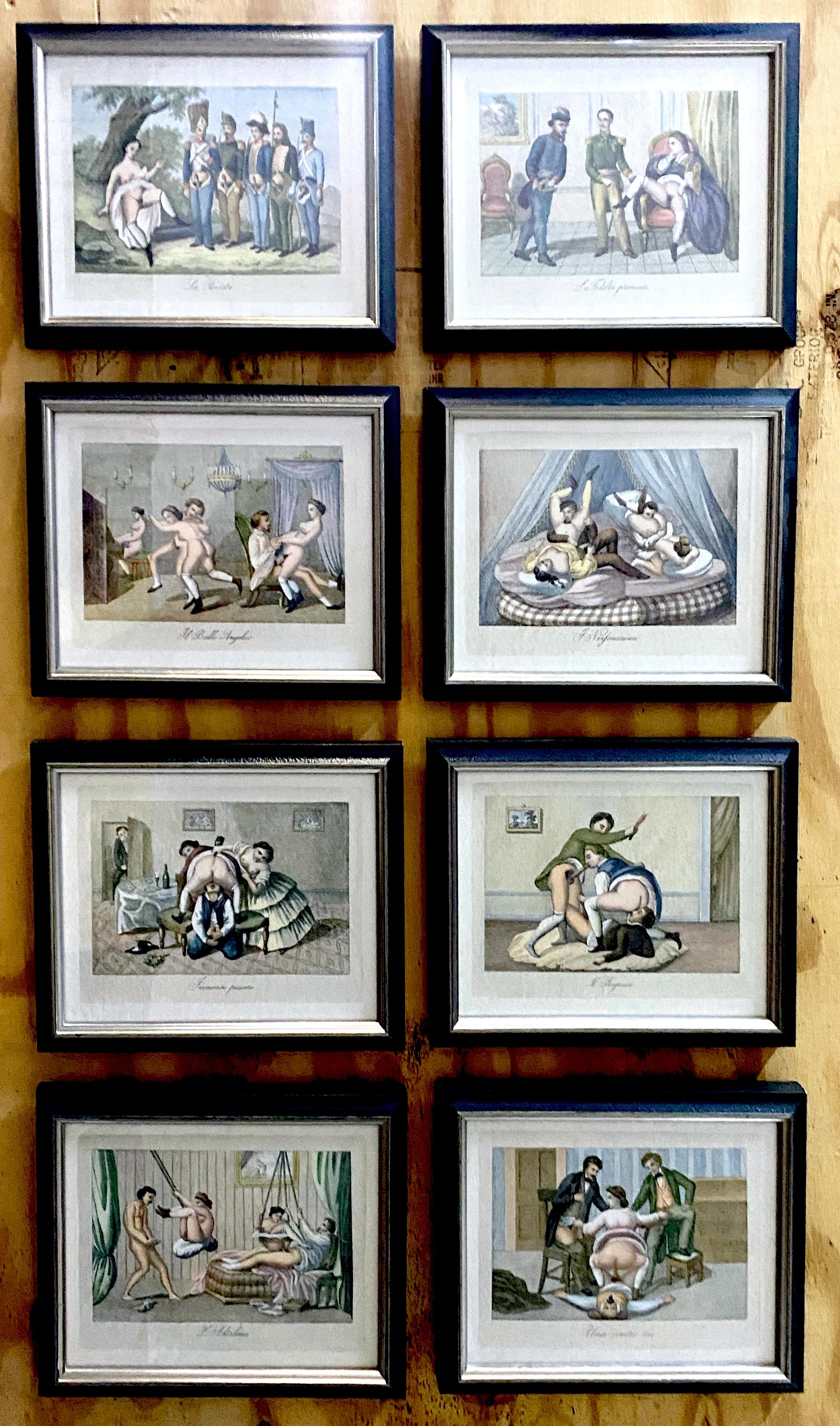 8 estampes érotiques de style baroque représentant des aristocrates et des soldats compromis, I (I est notre étiquette d'inventaire) Italie, Estampes du XXe siècle, 

Cette suite de huit estampes érotiques italiennes de style baroque datant du XXe