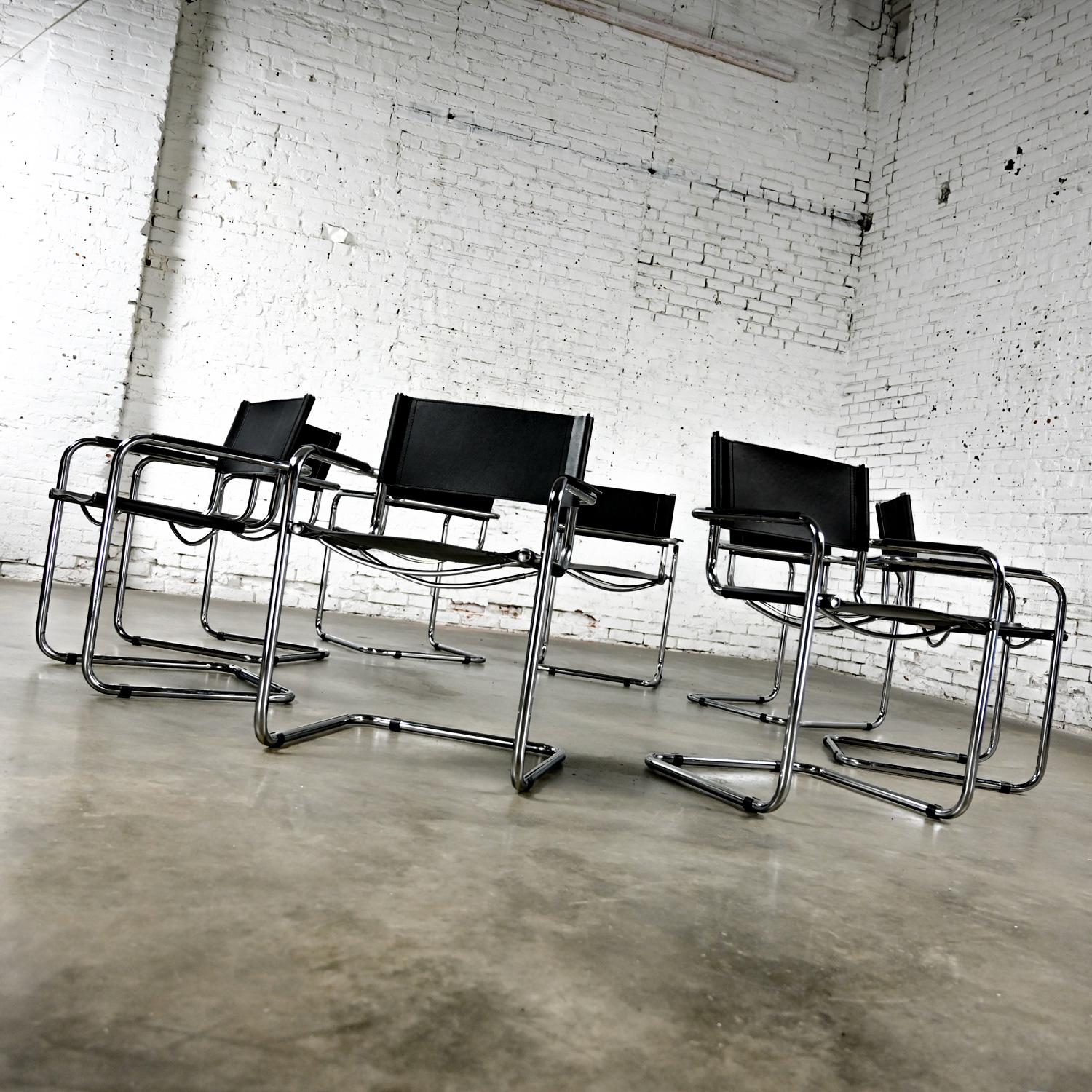 8 Bauhaus Black Leather & Chrome Cantilever Italian Chairs Attributed Mart Stam For Sale 7