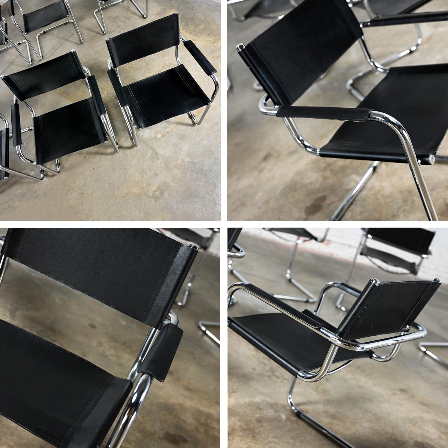 8 Bauhaus Black Leather & Chrome Cantilever Italian Chairs Attributed Mart Stam For Sale 8