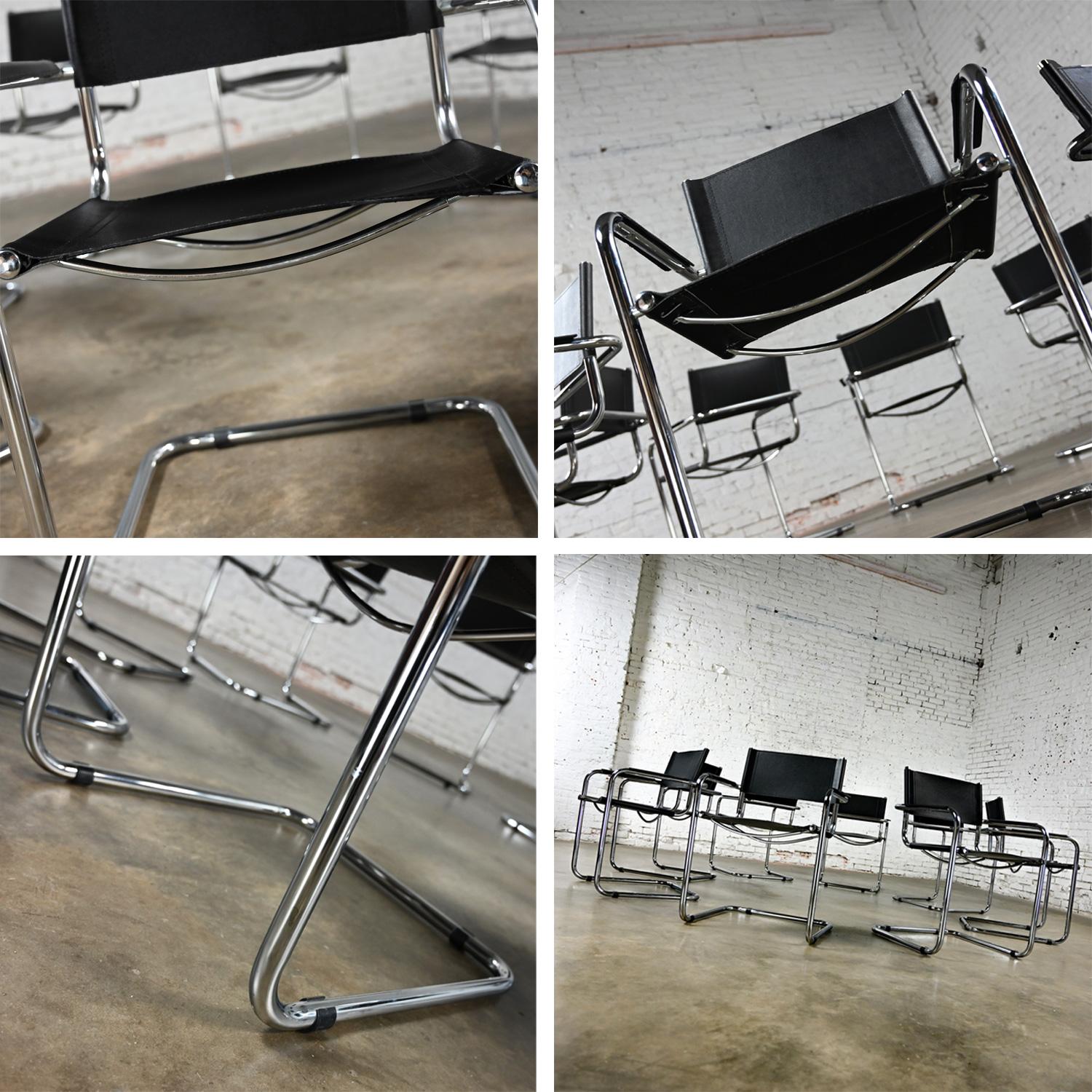 8 Sillas italianas cantilever Bauhaus de cuero negro y cromo Atribuidas Mart Stam 7
