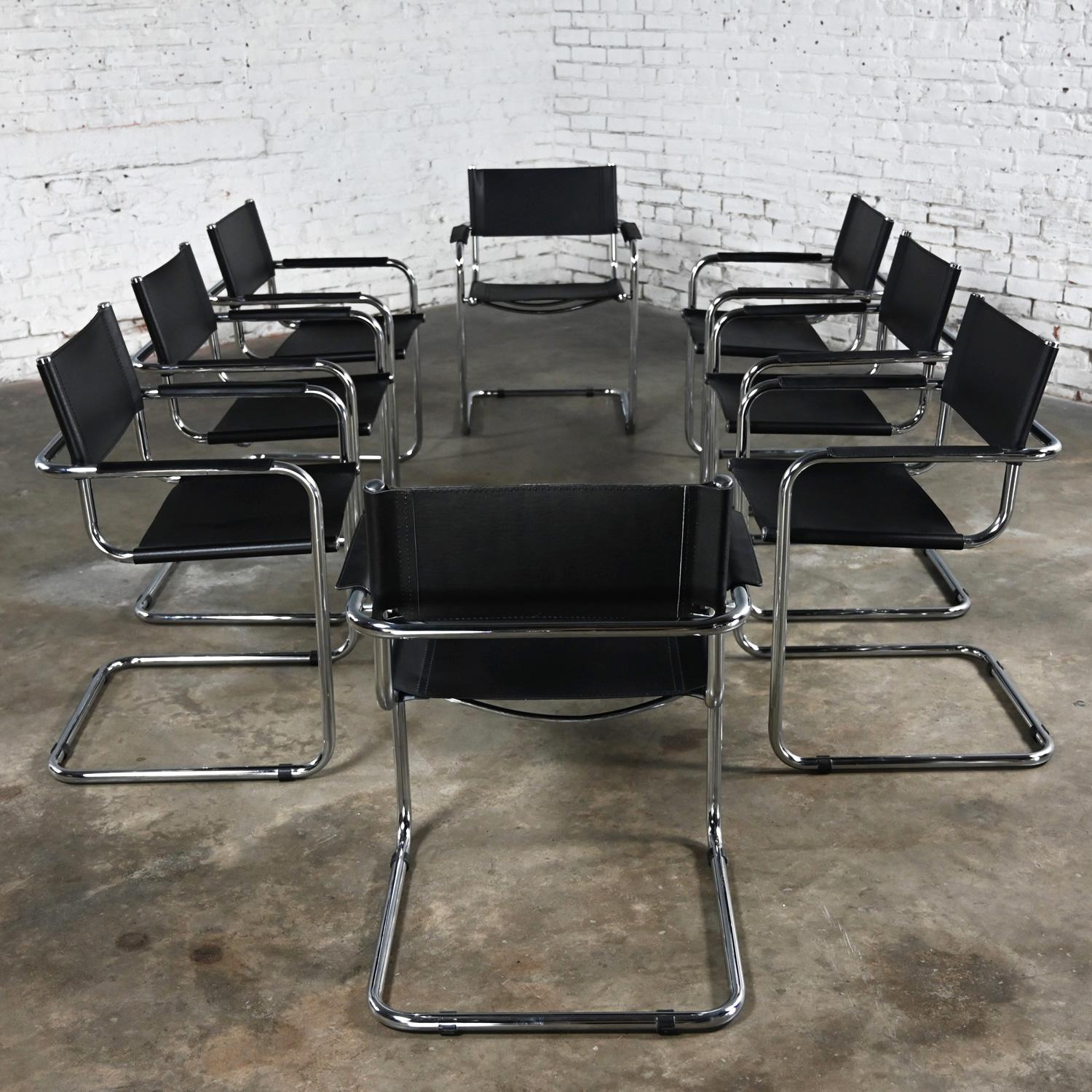 Incredible Late 20th Century Bauhaus style black leather & chrome tube cantilever chairs attributed to Mart Stam, set of 8. This piece has been attributed based upon archived research including online sources, vintage documentation and catalogs,