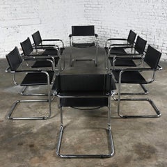8 Bauhaus Black Leather & Chrome Cantilever Italian Chairs Attributed Mart Stam