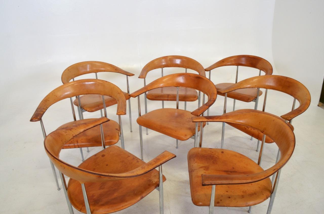 Modern 8 patinated Leather Chairs by by Vegni & Gualtierotti, Fasem in Italy, 1980´s 