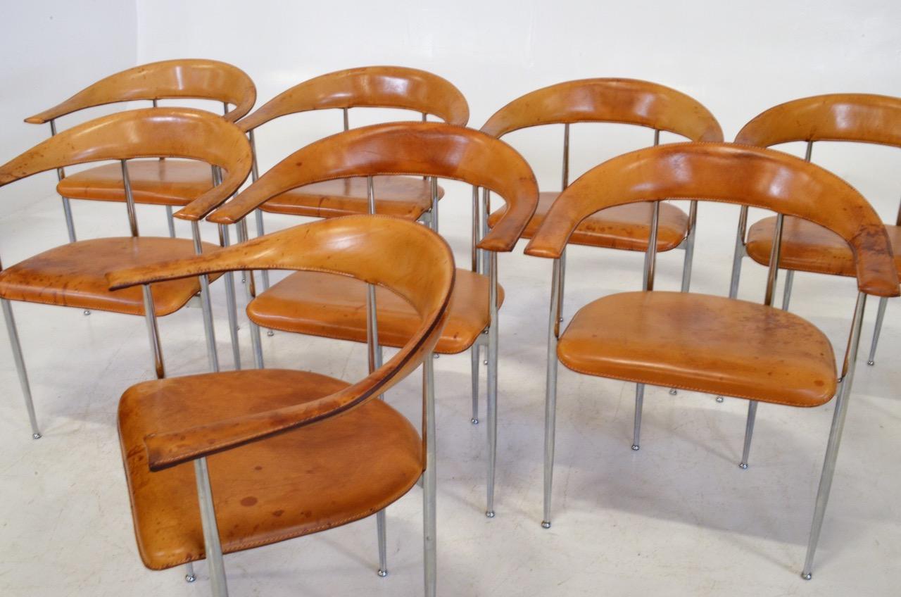 8 patinated Leather Chairs by by Vegni & Gualtierotti, Fasem in Italy, 1980´s  In Good Condition In Copenhagen, DK