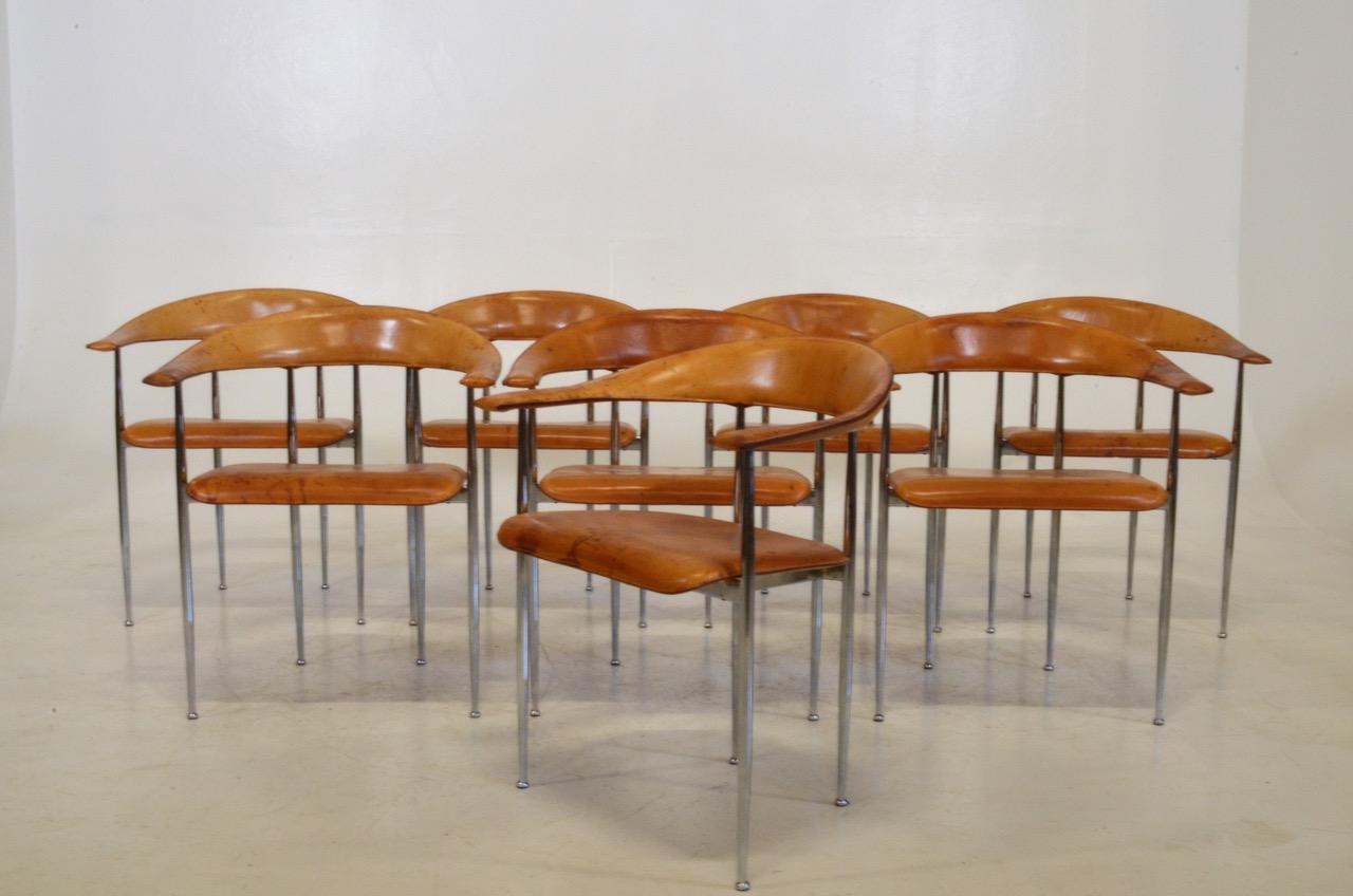 Late 20th Century 8 patinated Leather Chairs by by Vegni & Gualtierotti, Fasem in Italy, 1980´s 