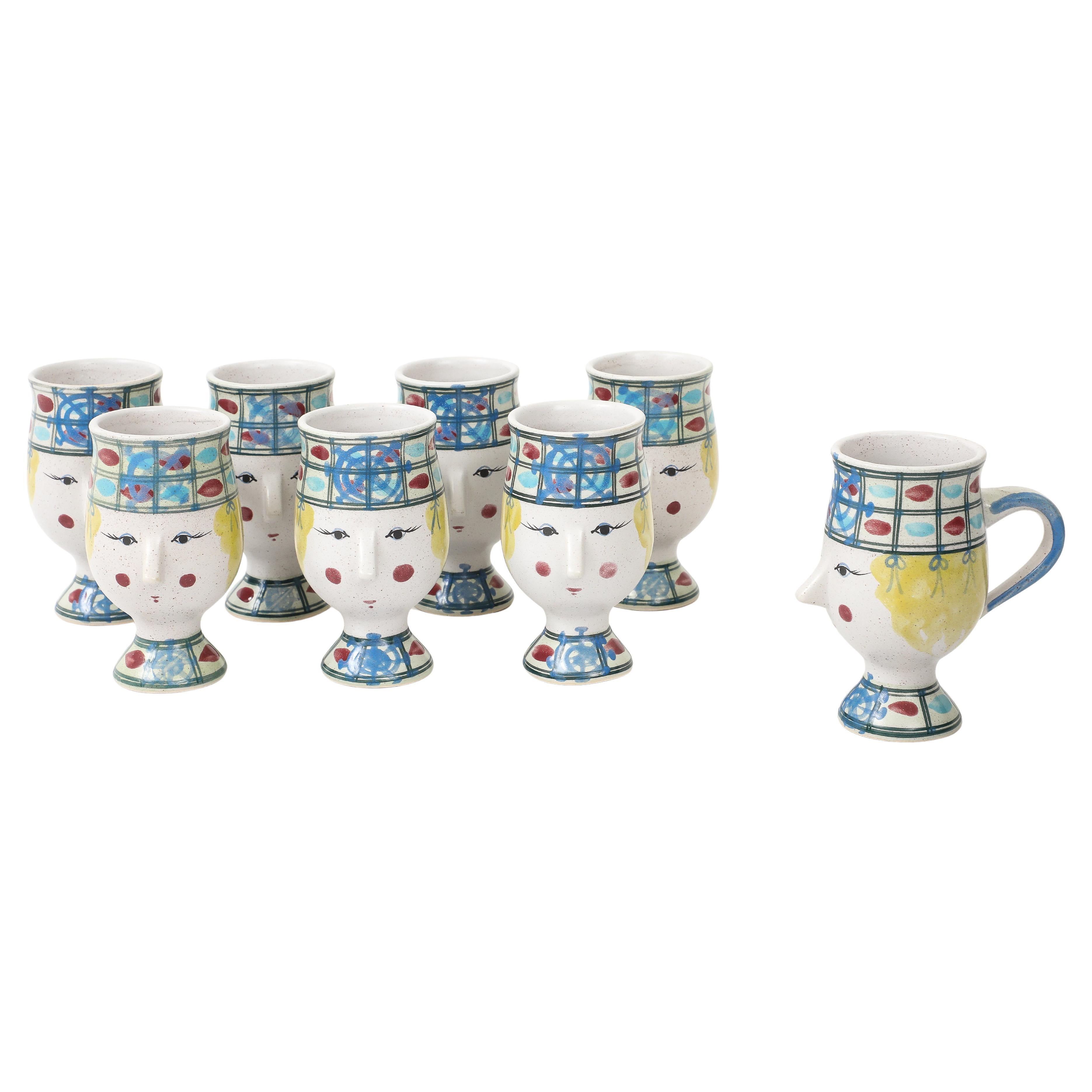 Set of Eight Hand-Crafted Ceramic Face Mugs by Bjorn Wiinblad, Denmark