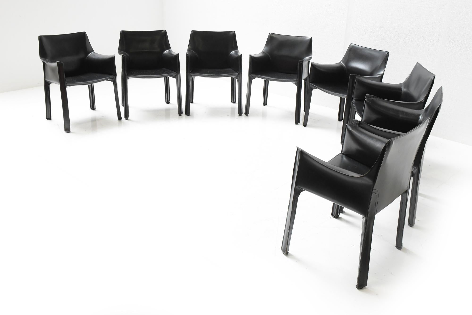 8 Black Leather Cab 413 Armchairs by Mario Bellini for Cassina Italy 6