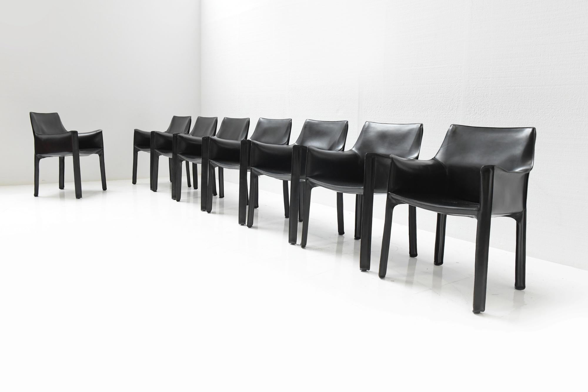 8 Black Leather Cab 413 Armchairs by Mario Bellini for Cassina Italy 7