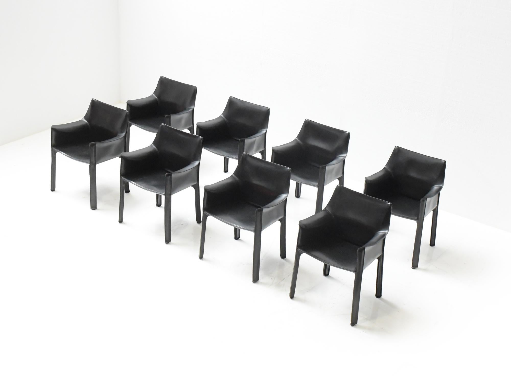 Mid-Century Modern 8 Black Leather Cab 413 Armchairs by Mario Bellini for Cassina Italy