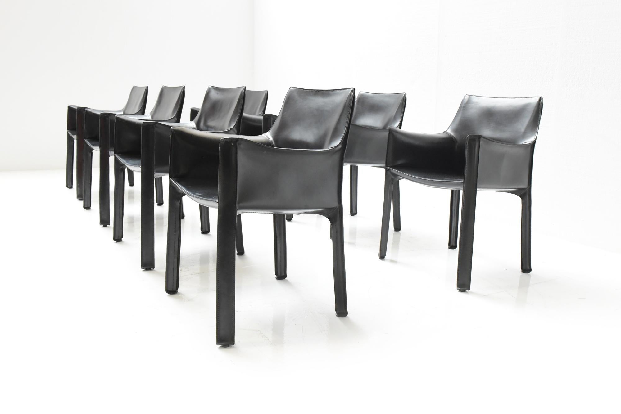 Italian 8 Black Leather Cab 413 Armchairs by Mario Bellini for Cassina Italy