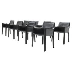 8 Black Leather Cab 413 Armchairs by Mario Bellini for Cassina Italy