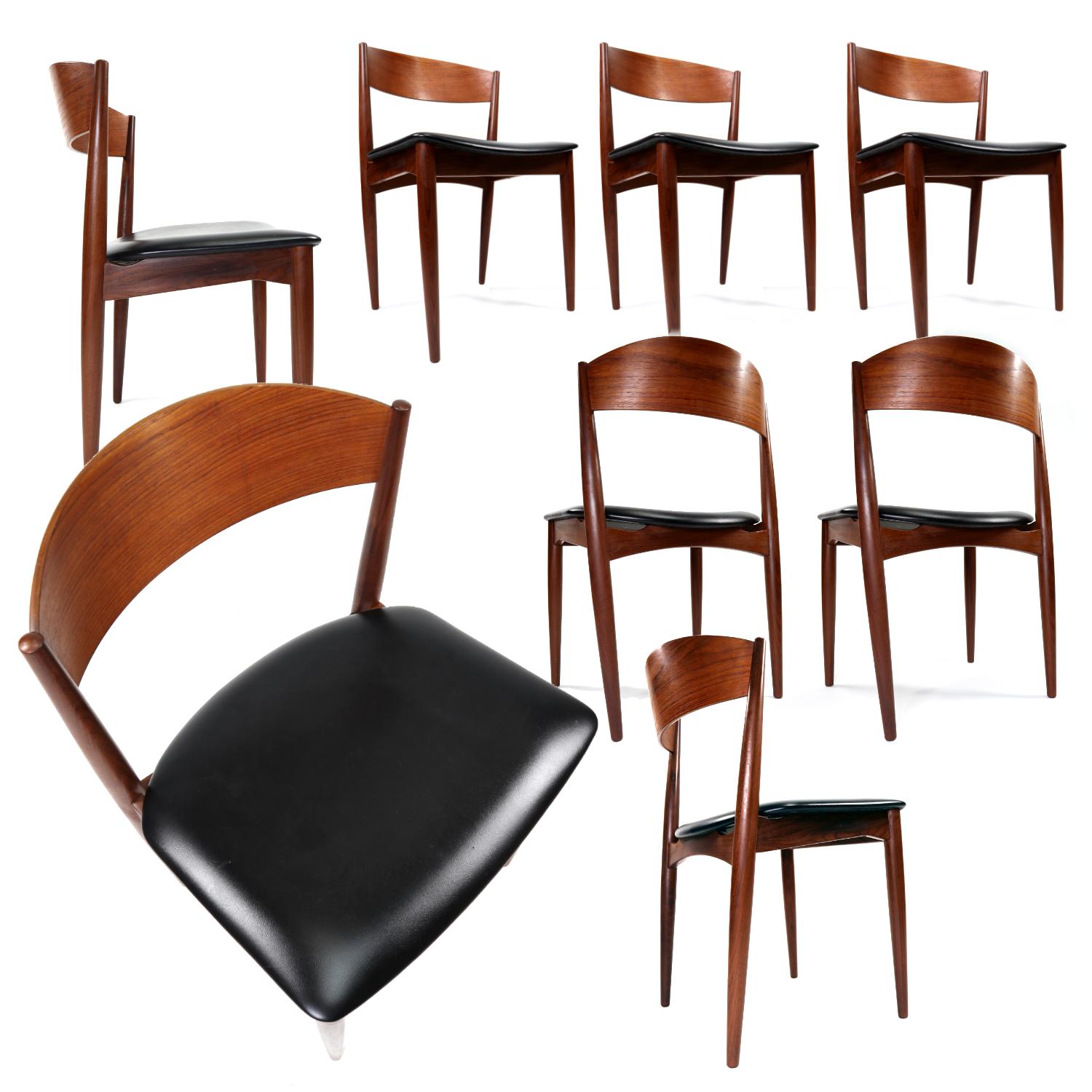 Elegant set of eight Danish teak dining chairs by Jydsk Møbelindustri Skanderborg. This set is exceptional in every expression of the word. One most view the chair from all angles to appreciate the full breadth of their grace. There wasn’t a portion