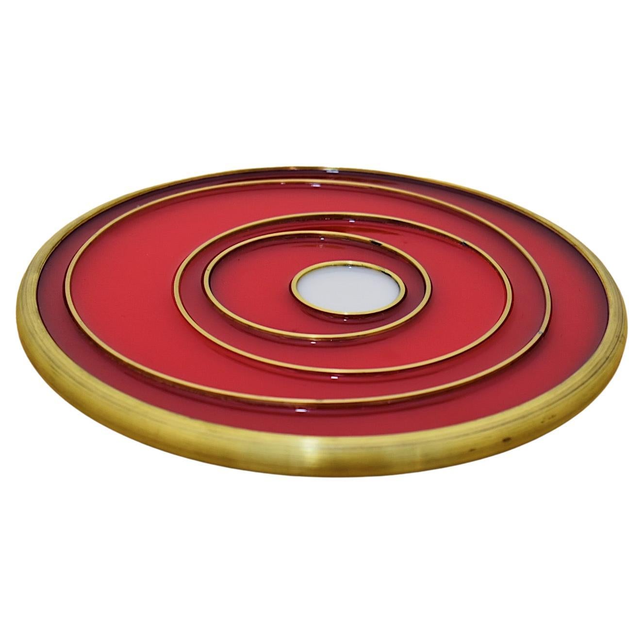 8" Brass Spun Trivet with Color Pop of Red and White by Daughter Mfg For Sale
