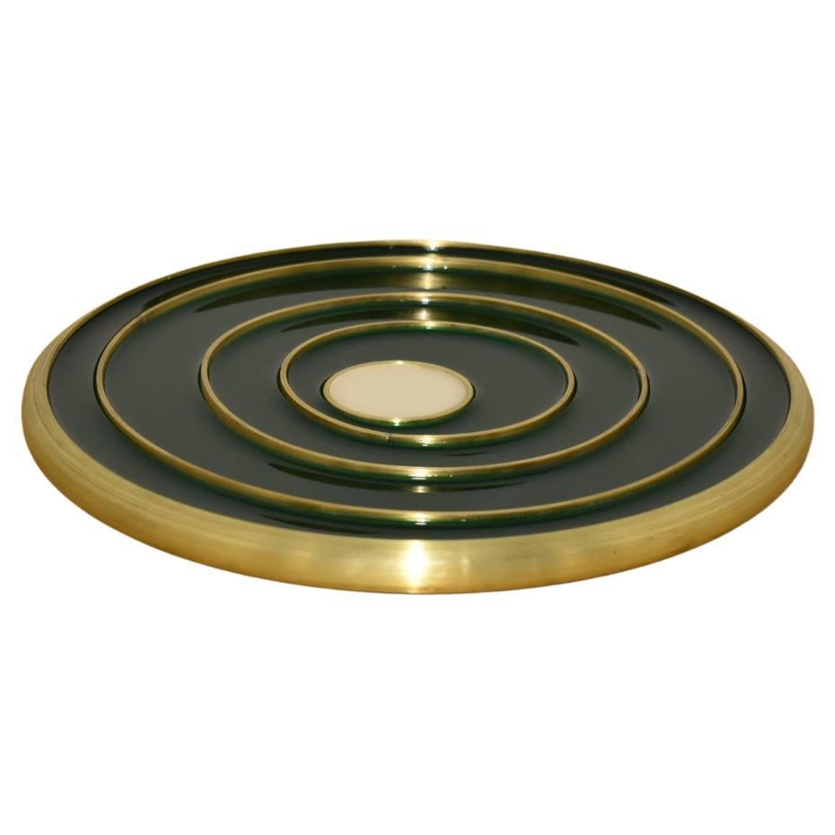 8" Brass Spun Trivet with Rich Color of Forest Green and White by Daughter Mfg en vente