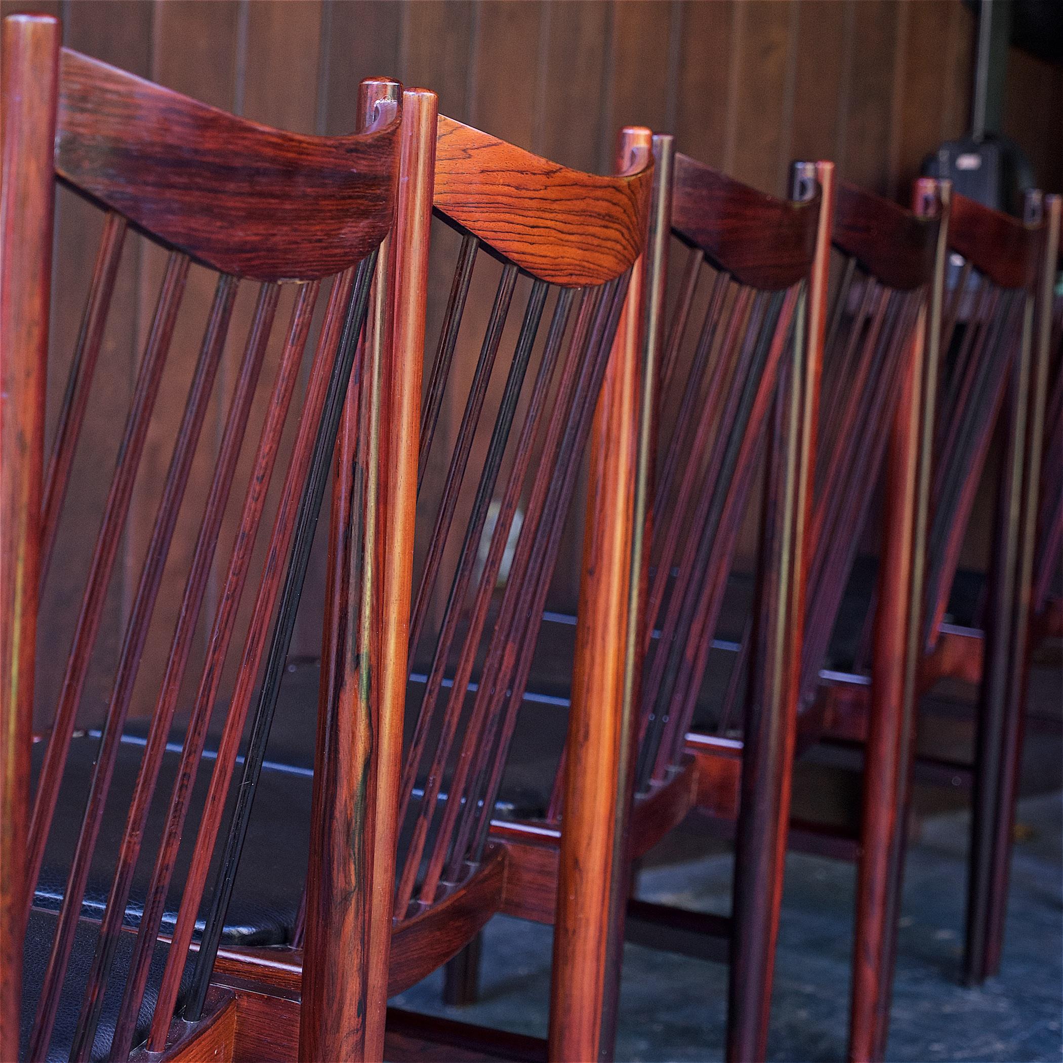 Danish Rosewood Spindle High-Back Formal Dining Chairs Vintage Sibast Mobler For Sale 4