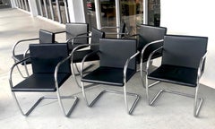 8 Brno Knoll Thin Pad Tubular Black Leather Chairs, 1970s