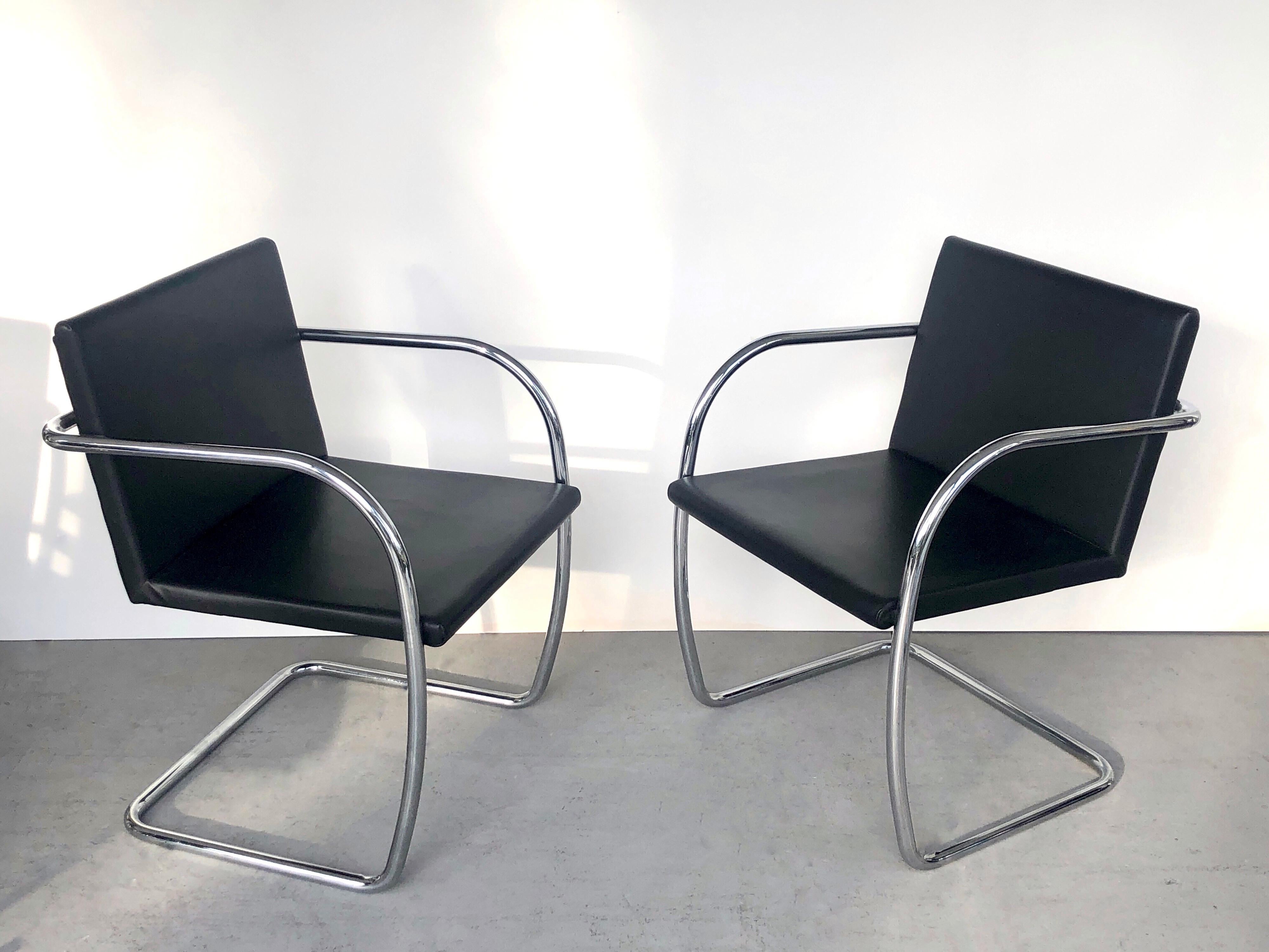 8 Brno Knoll Thin Pad Tubular Black Leather Chairs, 1970s In Good Condition In Miami, FL