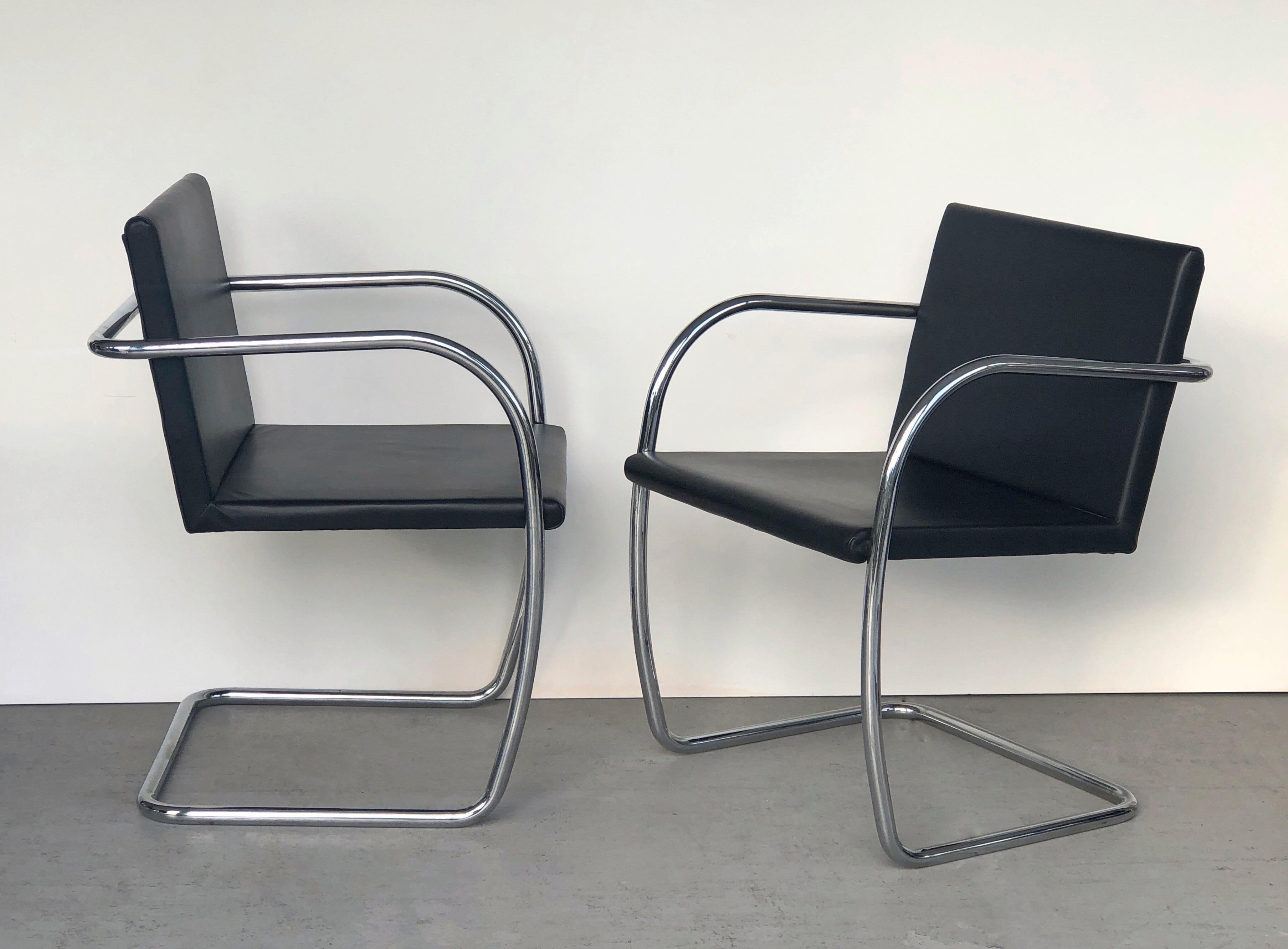 Late 20th Century 8 Brno Knoll Thin Pad Tubular Black Leather Chairs, 1970s