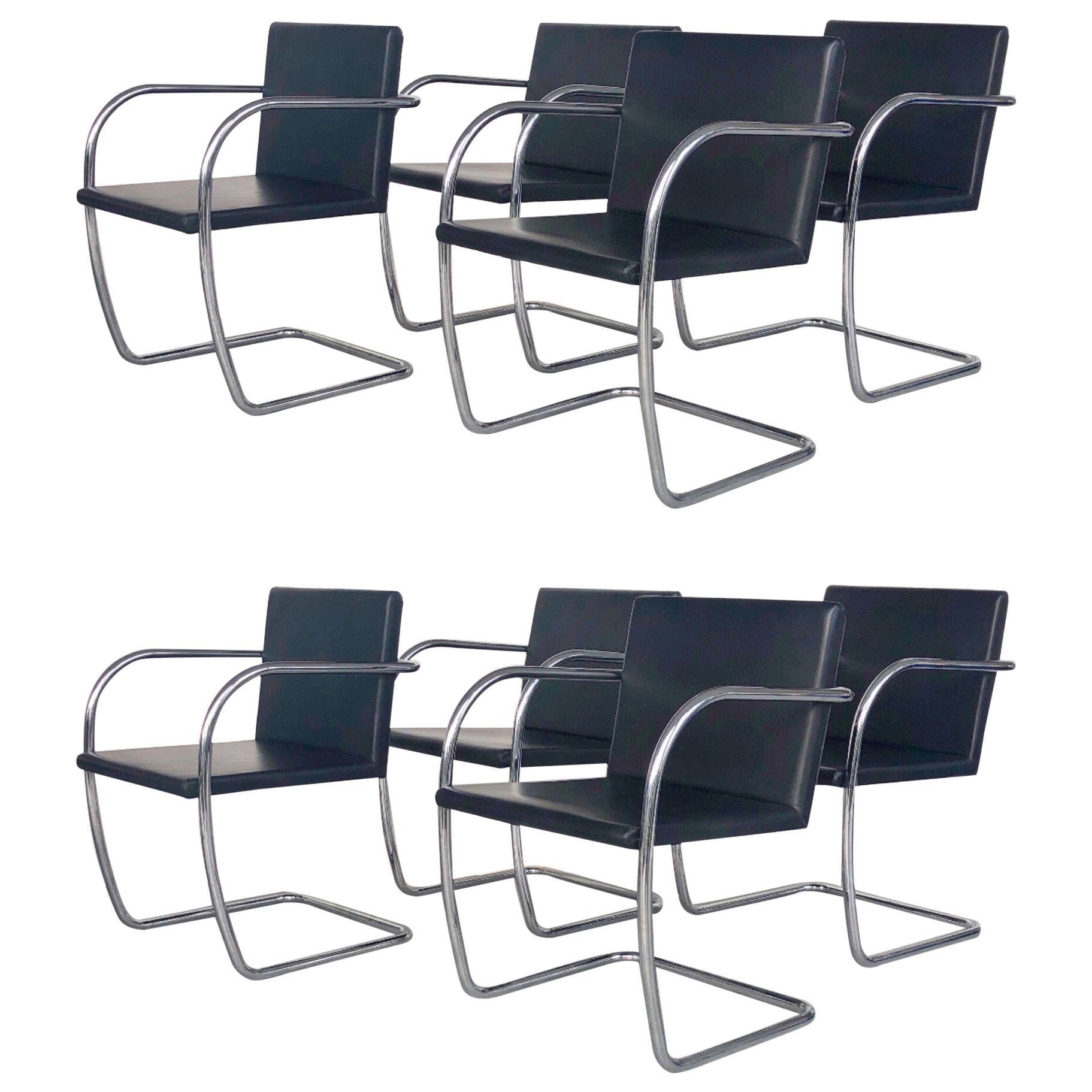 8 Brno Knoll Thin Pad Tubular Black Leather Chairs, 1970s