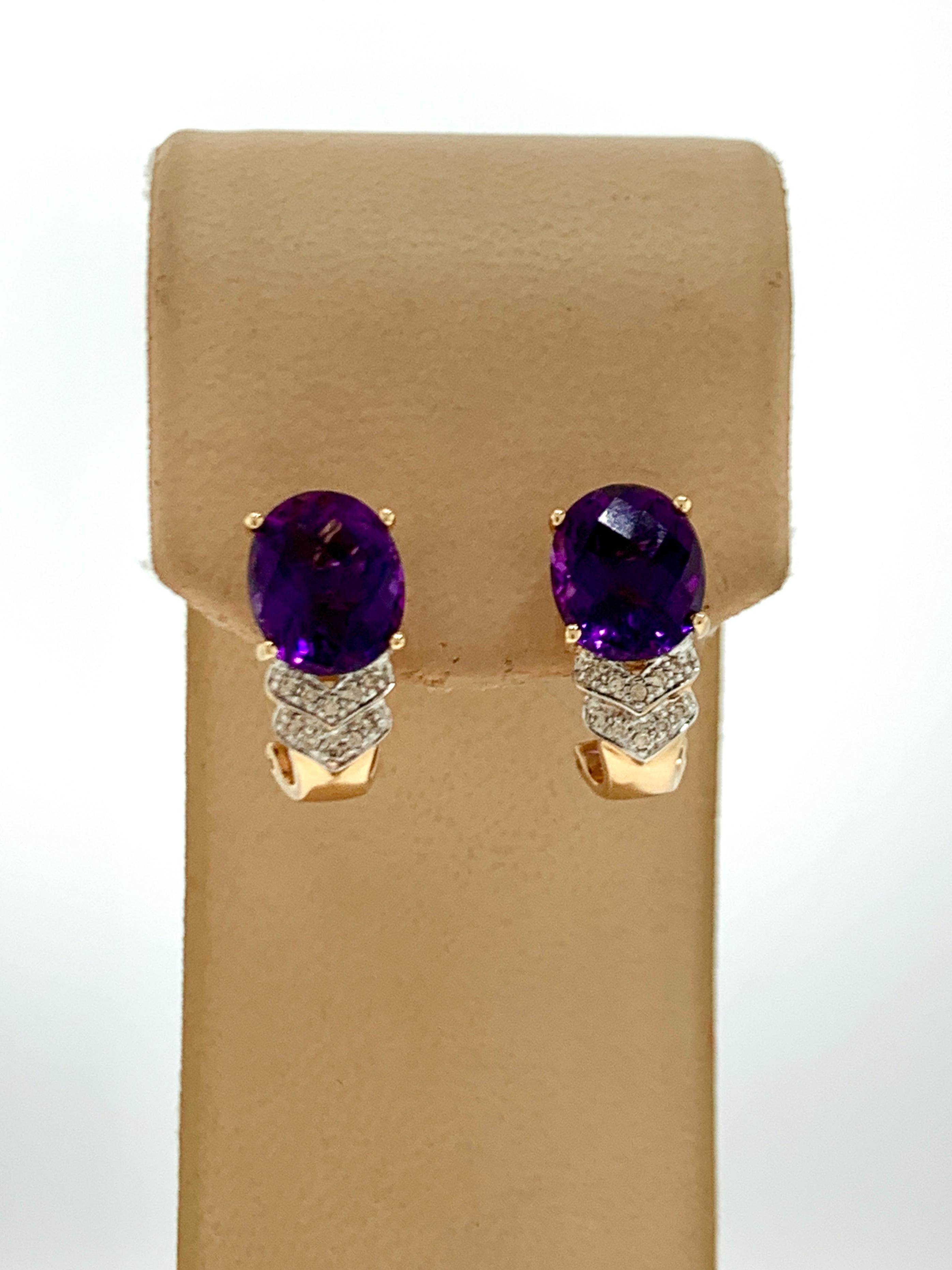 8 Carat Amethyst and Diamond 14 Karat Yellow Gold Earrings, Omega Back In Excellent Condition In New York, NY