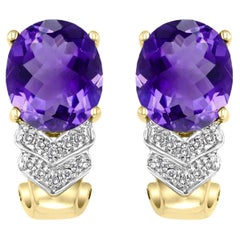 8 Karat Amethyst und Diamant 14 Karat Gelbgold Ohrringe:: Omega Back