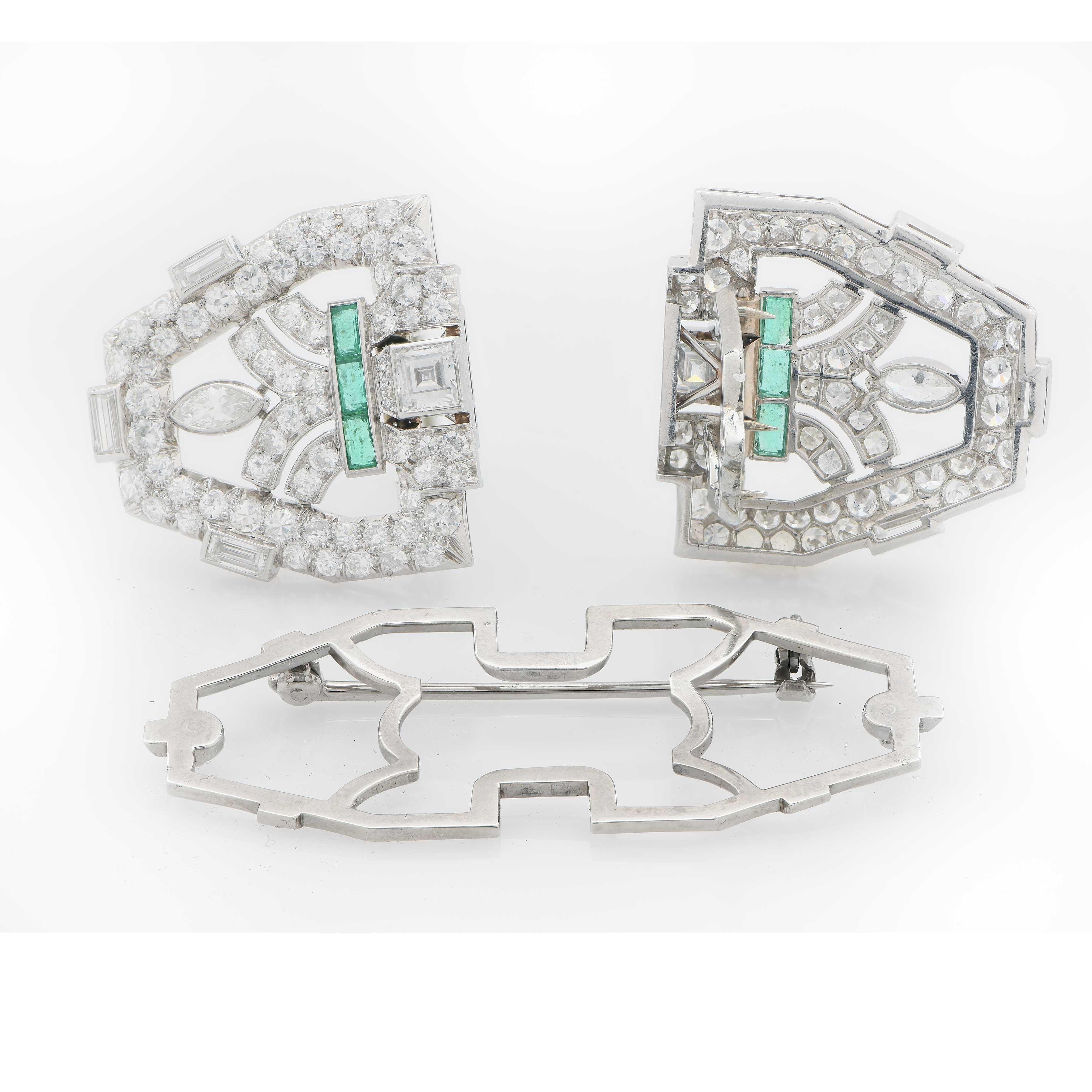 8 Carat Art Deco Double Clip Emerald Diamond Platinum Brooch For Sale 1