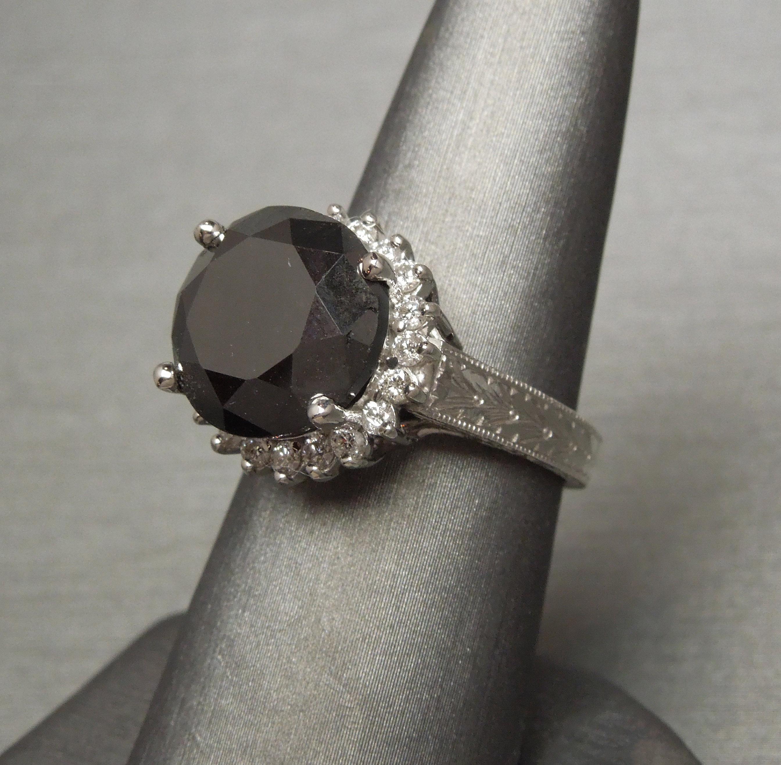 Round Cut 8 Carat Black Diamond Crown Halo Ring