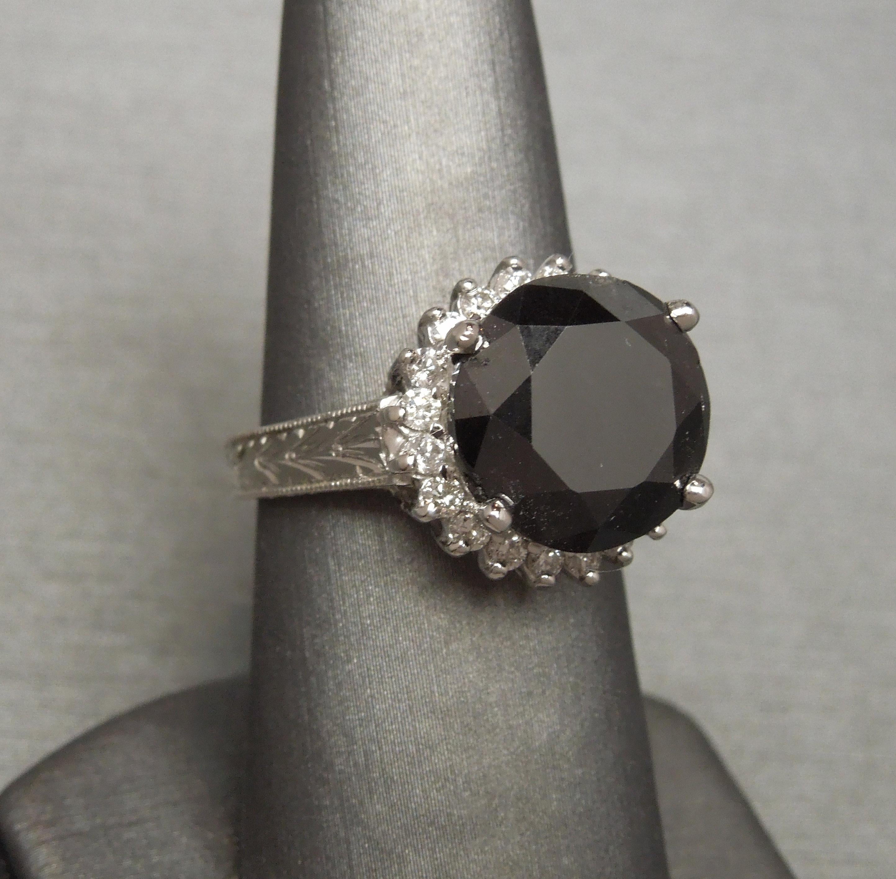 8 Carat Black Diamond Crown Halo Ring In Excellent Condition In METAIRIE, LA