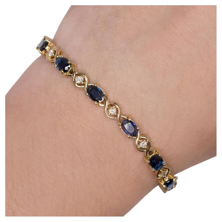 8 Carat Blue Sapphire and Diamond Yellow Gold Tennis Bracelet For Sale