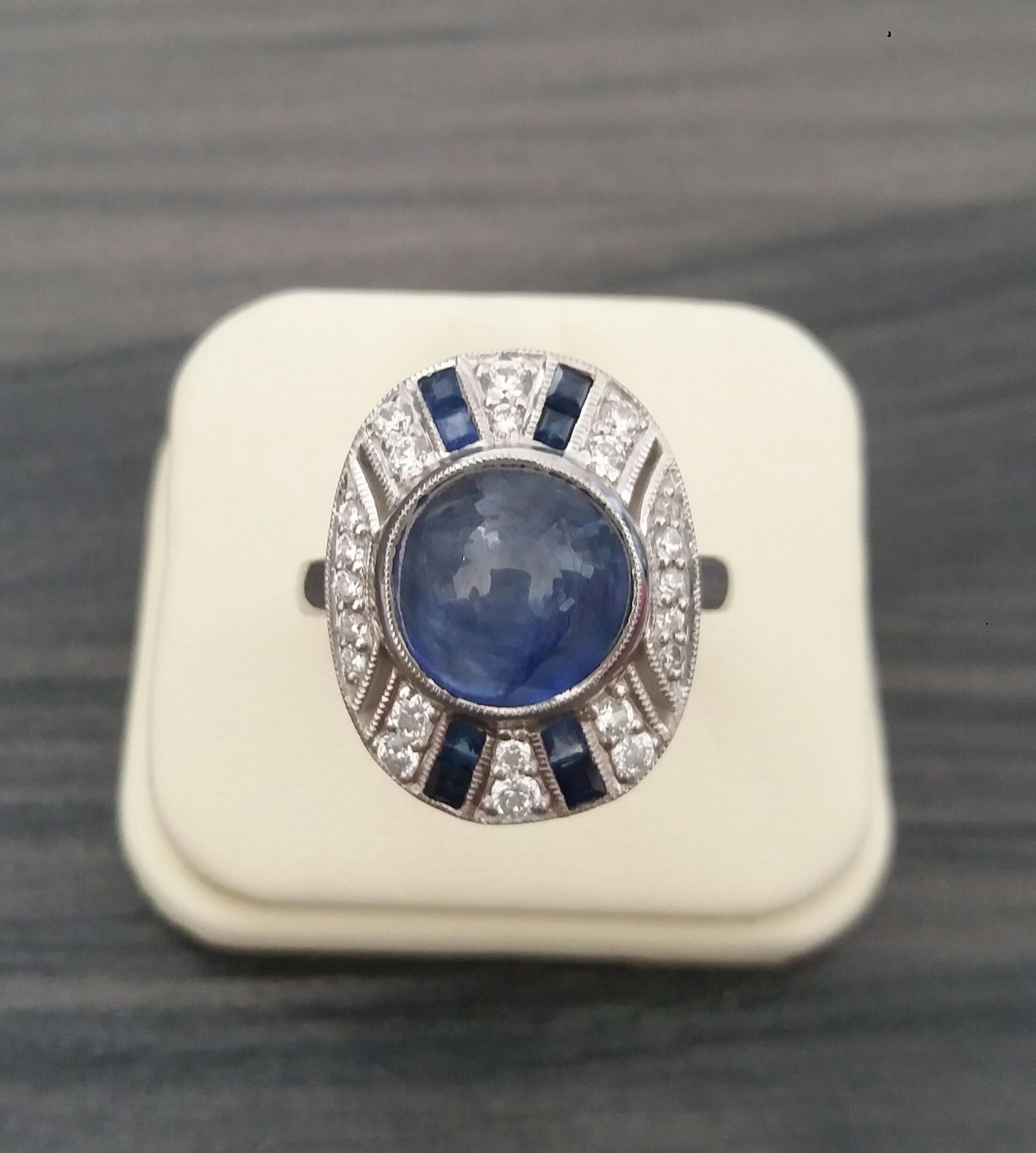 8 Carat Blue Sapphire Cab Carre'Blue Sapphires Diamonds White Gold Cocktail Ring For Sale 5