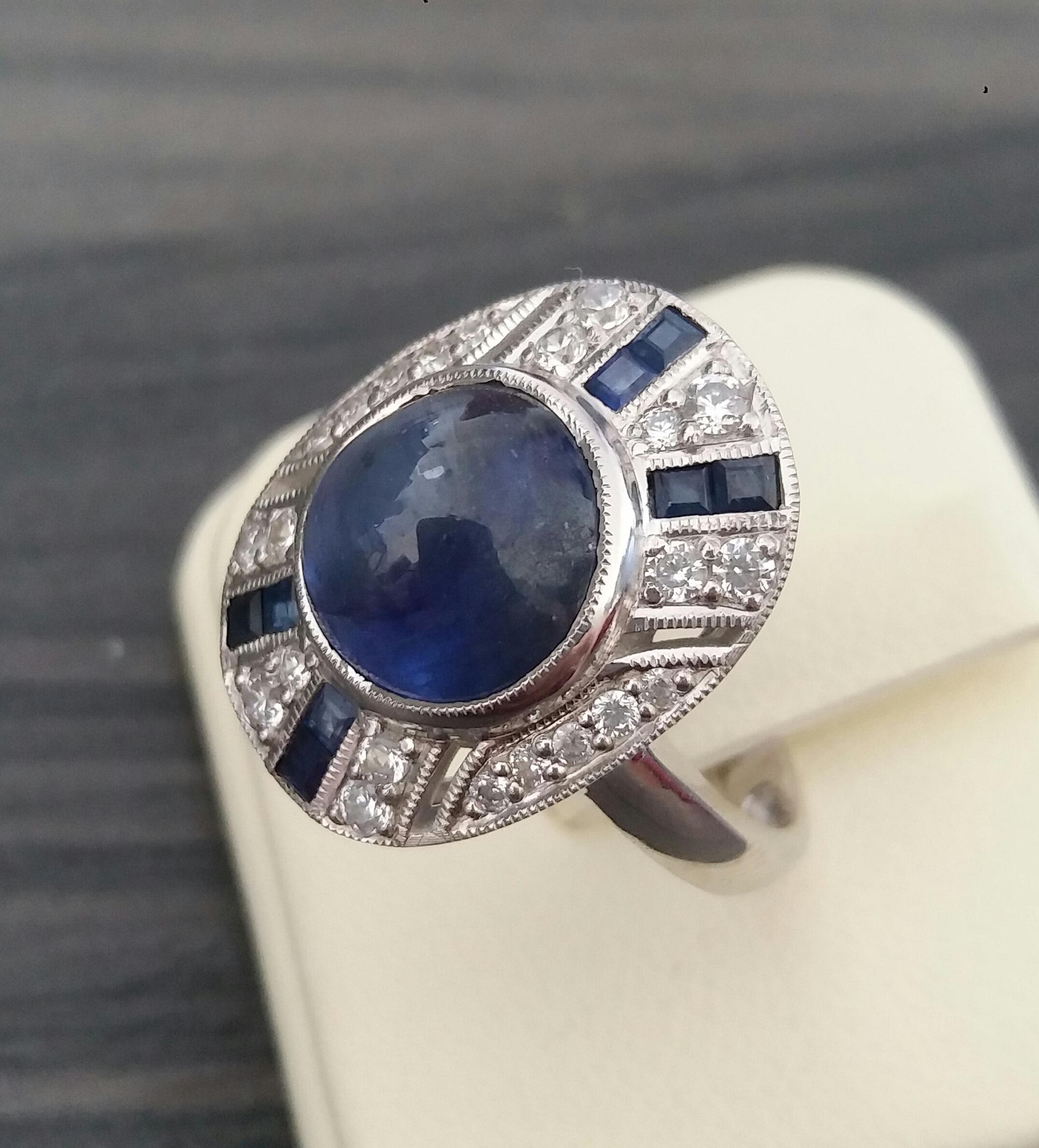 8 Carat Blue Sapphire Cab Carre'Blue Sapphires Diamonds White Gold Cocktail Ring For Sale 9