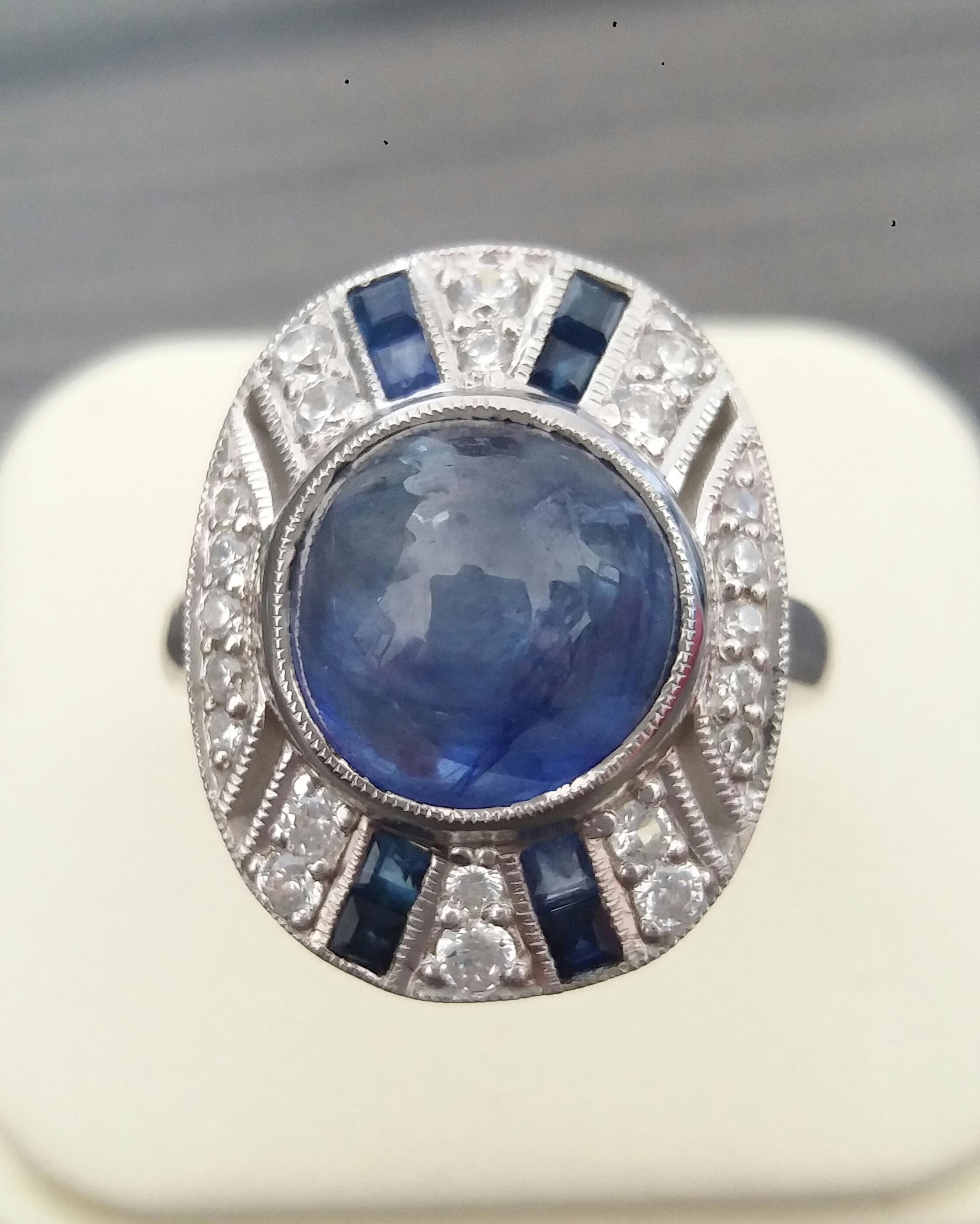8 Carat Blue Sapphire Cab Carre'Blue Sapphires Diamonds White Gold Cocktail Ring For Sale 10