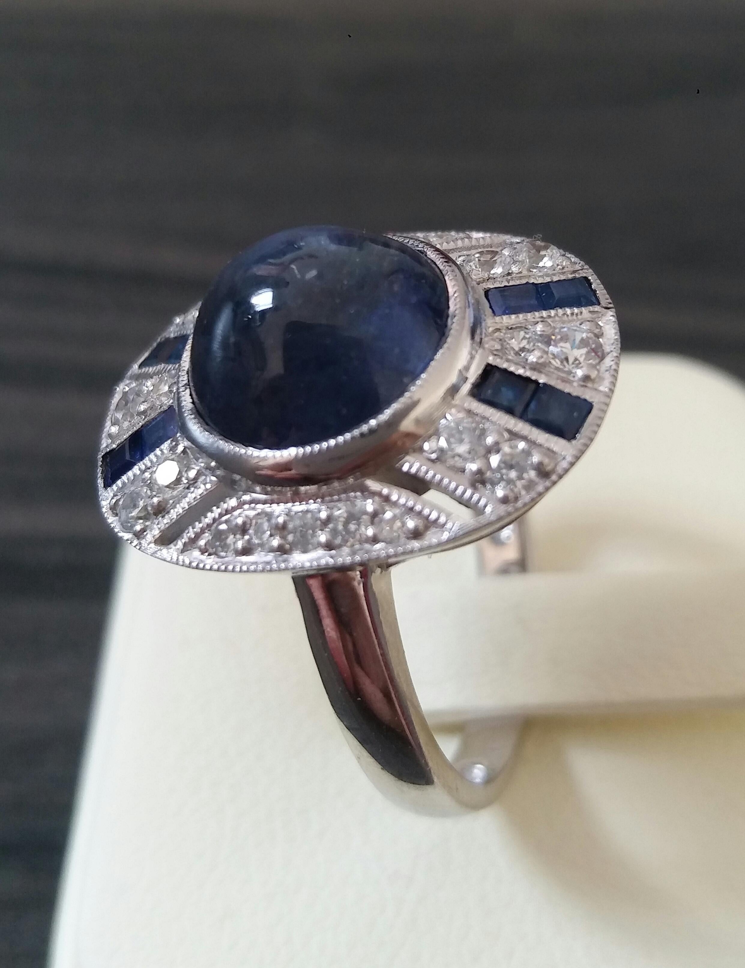 8 Carat Blue Sapphire Cab Carre'Blue Sapphires Diamonds White Gold Cocktail Ring 12