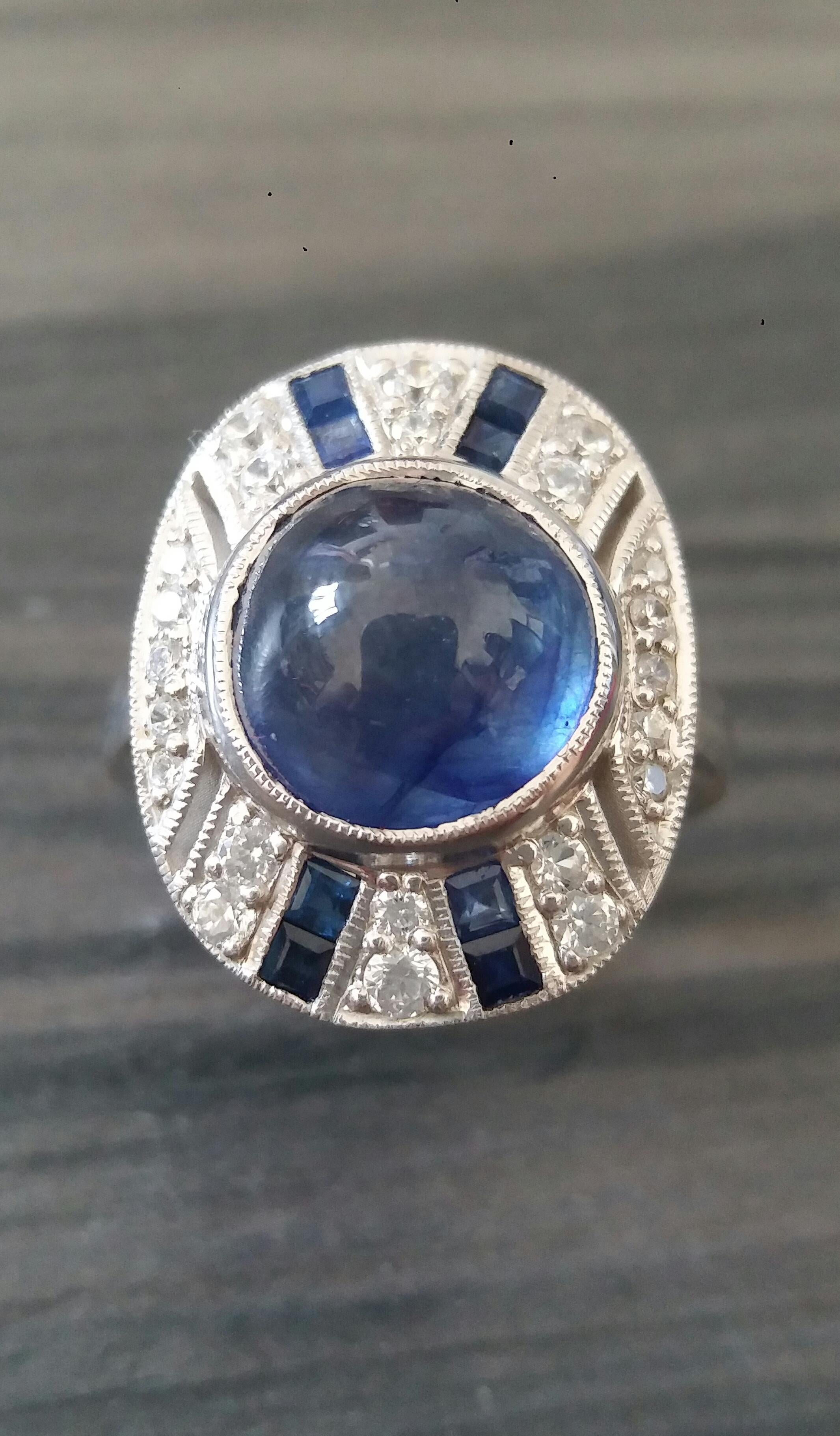 8 Carat Blue Sapphire Cab Carre'Blue Sapphires Diamonds White Gold Cocktail Ring For Sale 12