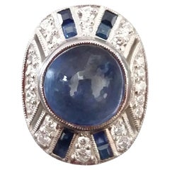 Retro 8 Carat Blue Sapphire Cab Carre'Blue Sapphires Diamonds White Gold Cocktail Ring