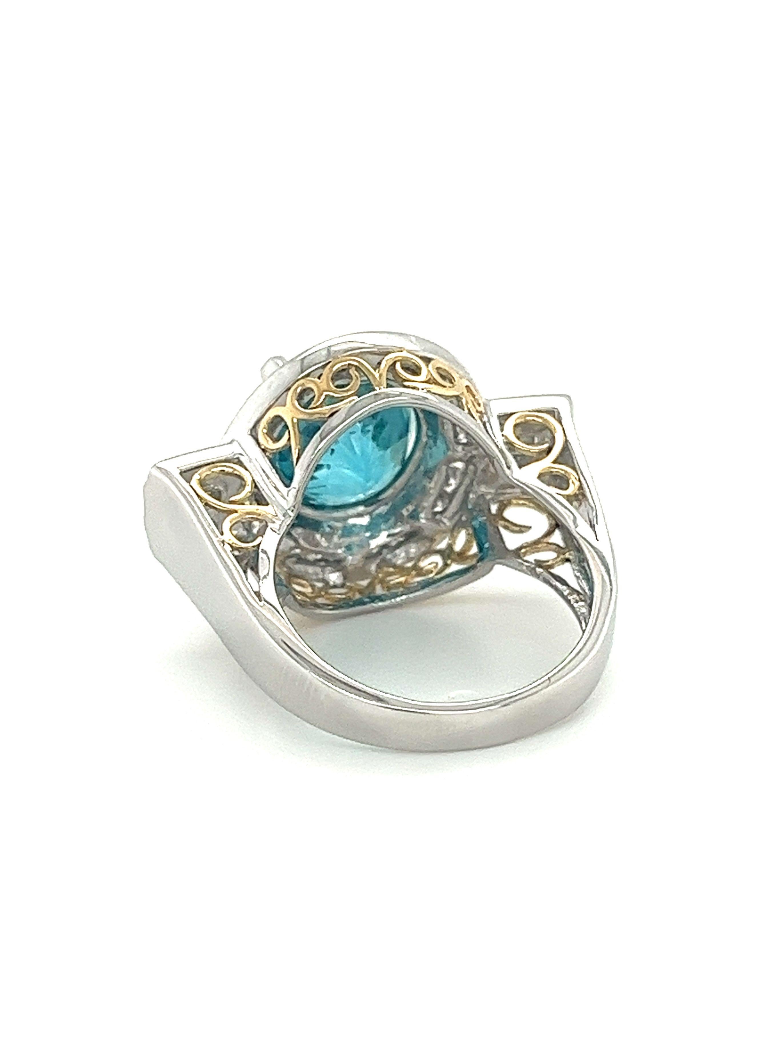 Oval Cut 8 Carat Blue Zircon with Diamond Halo in Platinum & 18K Gold Filigree Ring  For Sale