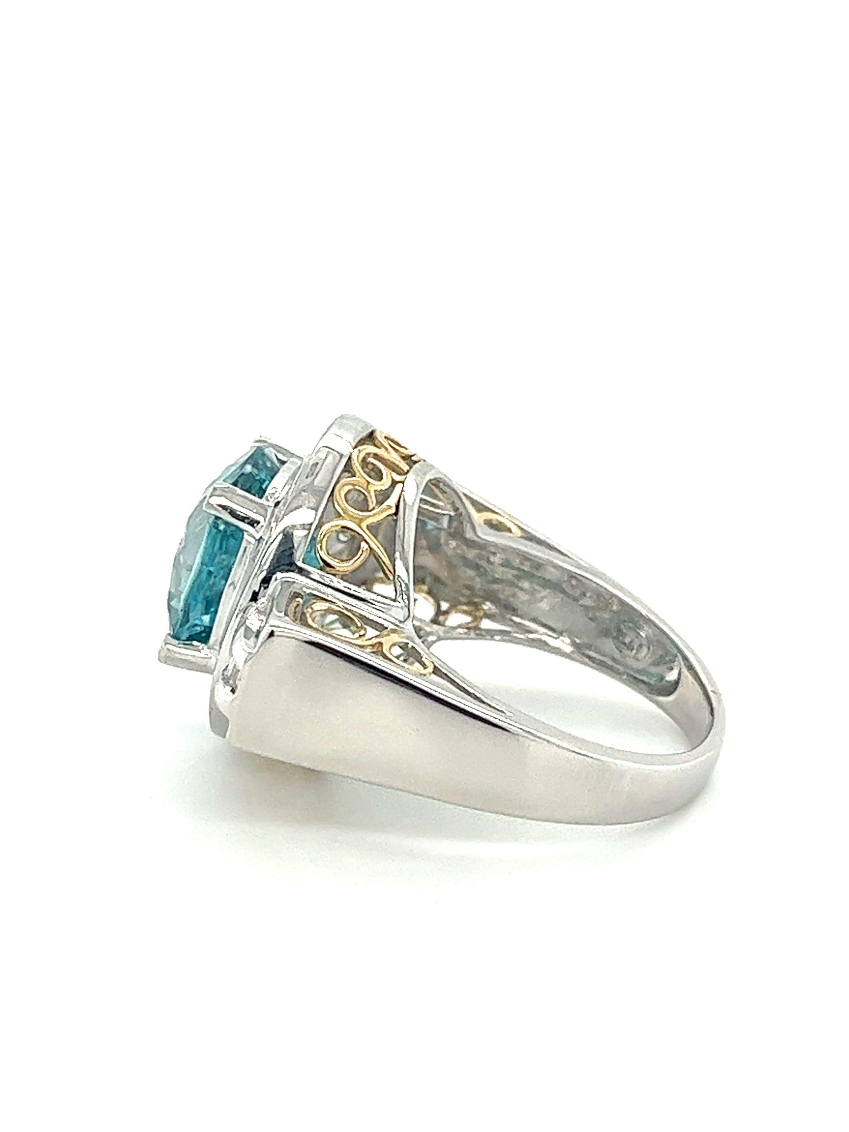 8 Carat Blue Zircon with Diamond Halo in Platinum & 18K Gold Filigree Ring  In New Condition For Sale In Miami, FL