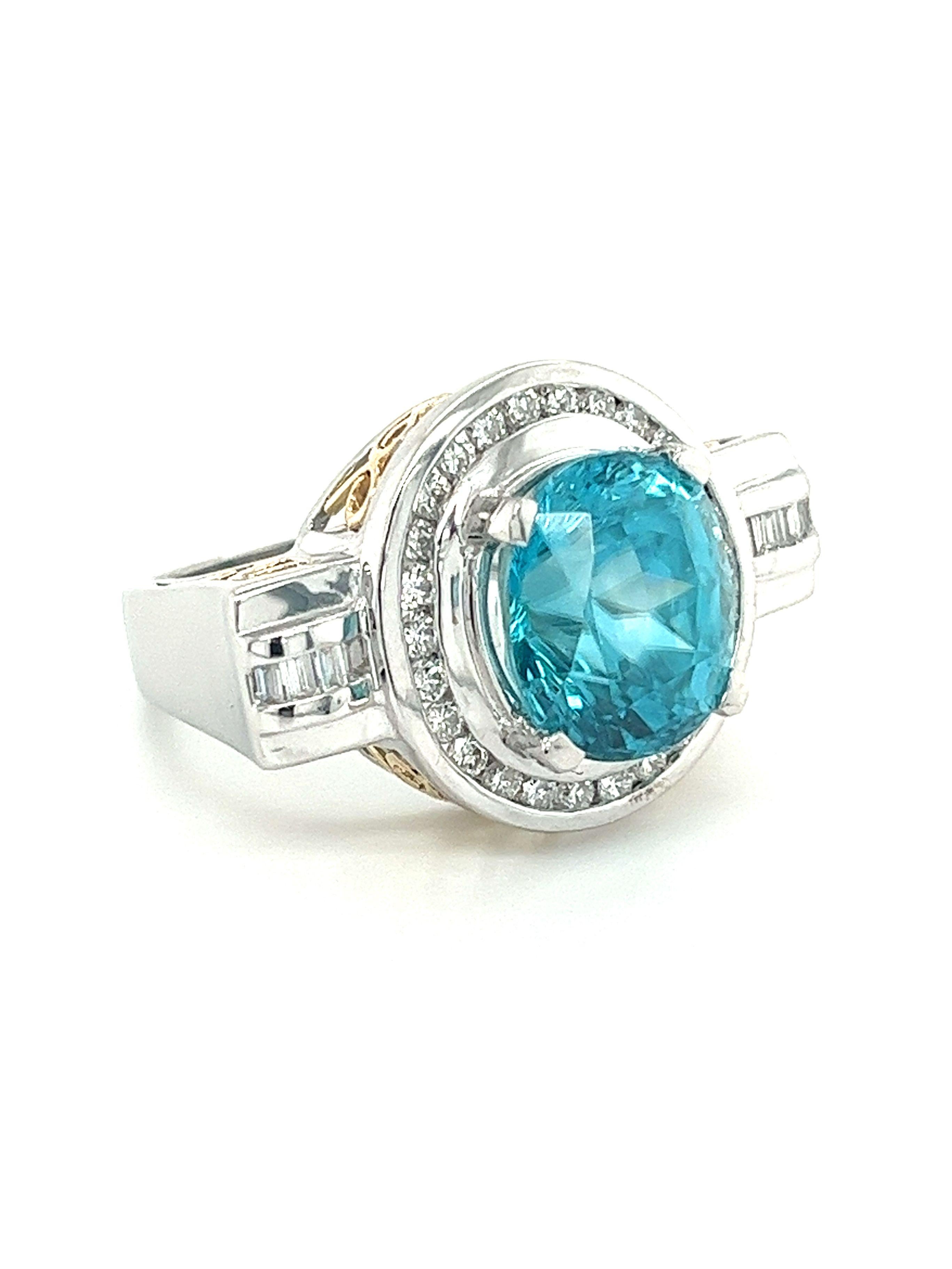 Women's 8 Carat Blue Zircon with Diamond Halo in Platinum & 18K Gold Filigree Ring  For Sale
