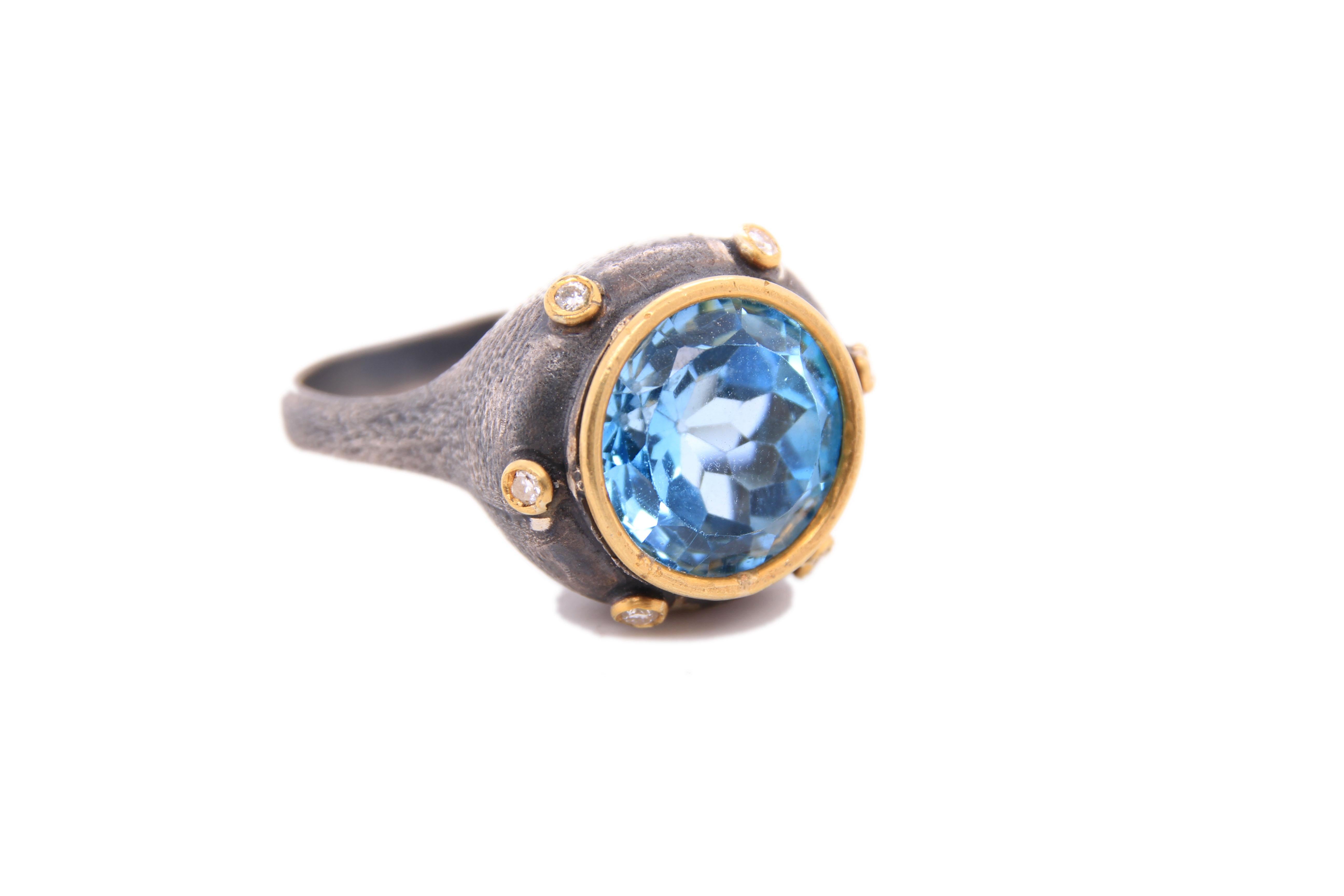 Round Cut 8 Carat Bright Blue Topaz, 24K, Tall Crown Cocktail Ring with Accent Diamonds
