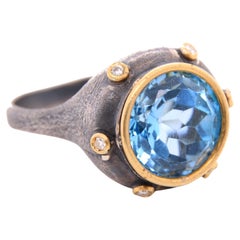 8 Carat Bright Blue Topaz, 24K, Tall Crown Cocktail Ring with Accent Diamonds