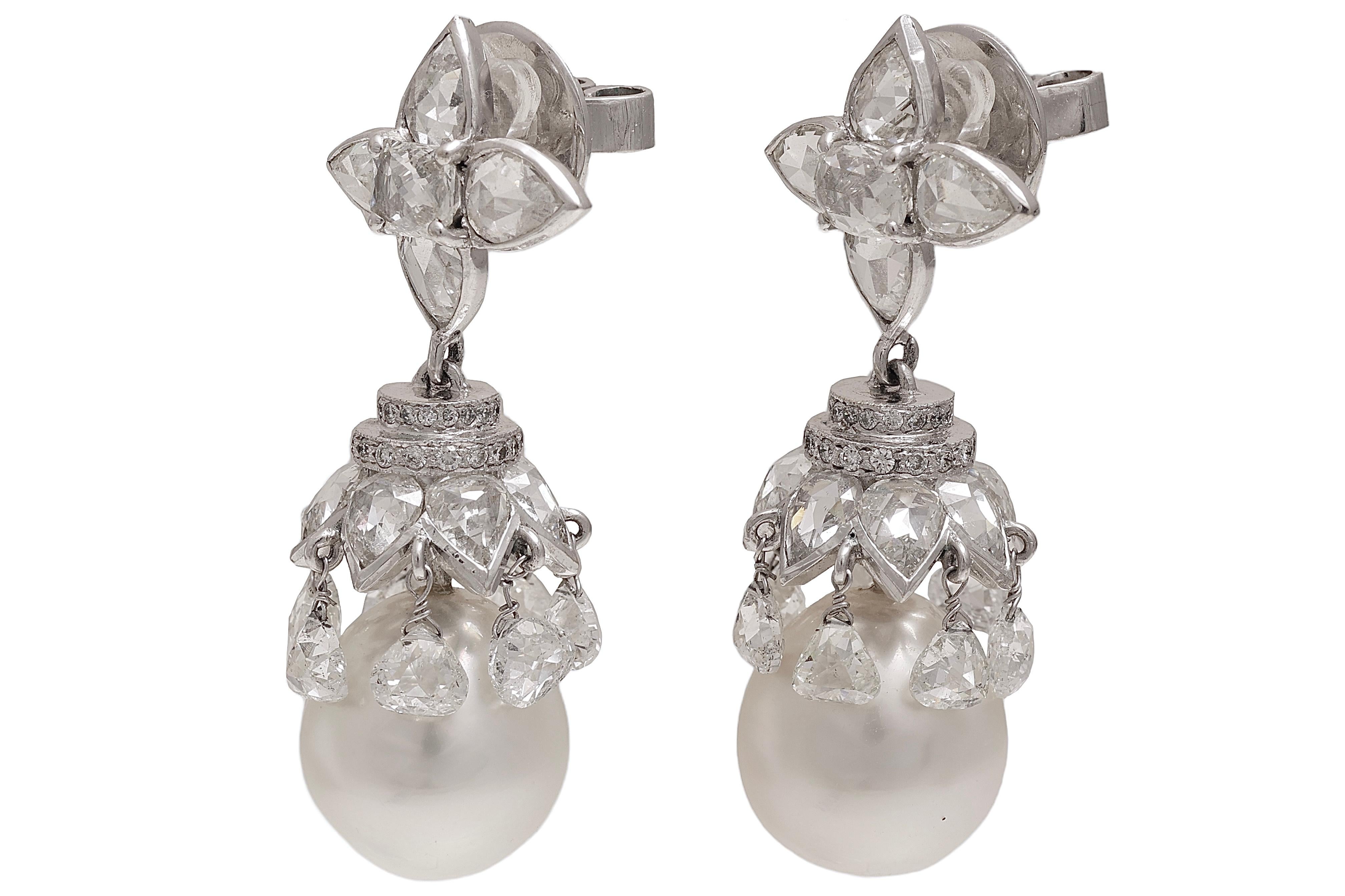 Artisan 8 Carat  Briolette & Rose Cut Diamonds & South Sea Pearl Earrings in 18 Kt Gold For Sale