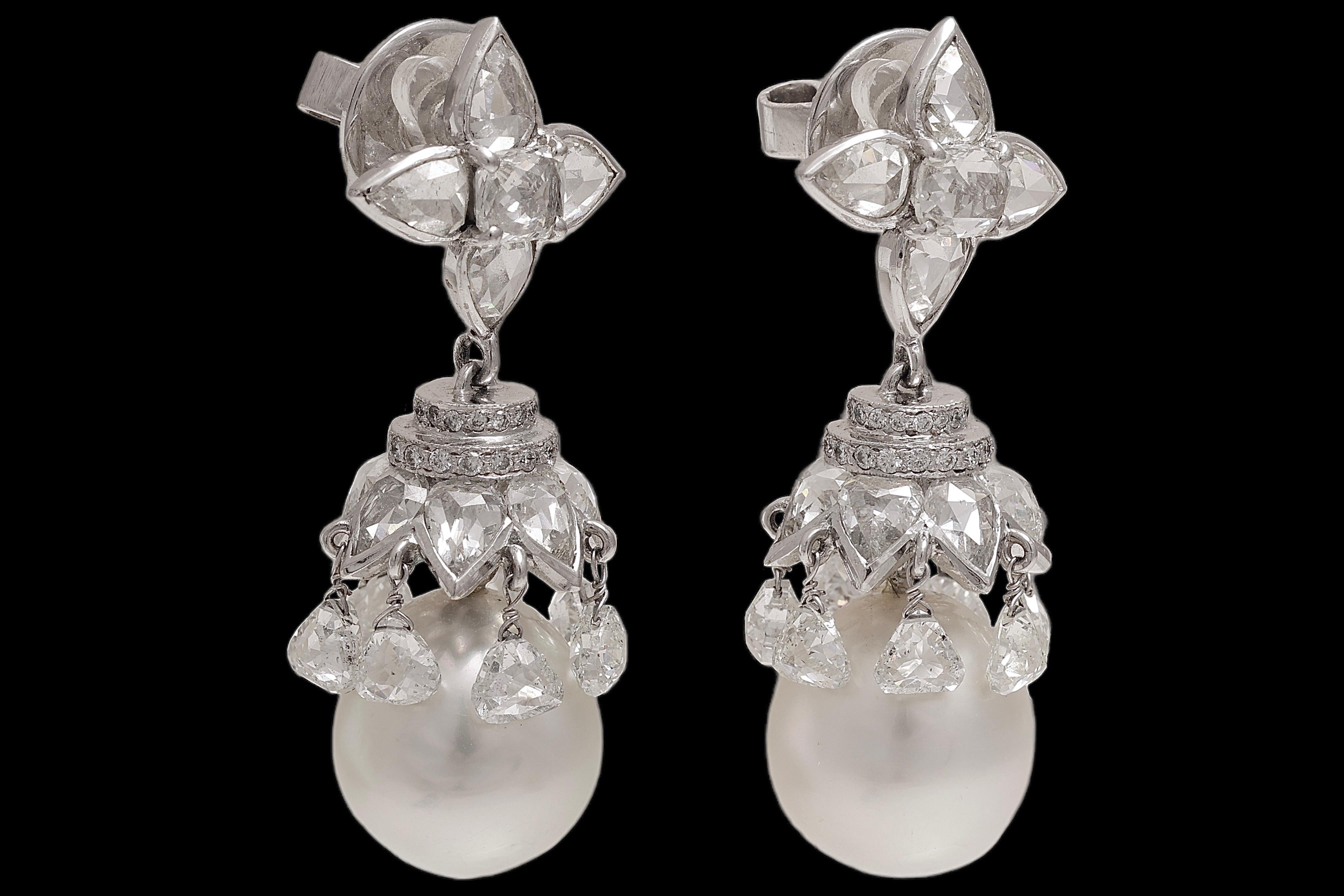 Briolette Cut 8 Carat  Briolette & Rose Cut Diamonds & South Sea Pearl Earrings in 18 Kt Gold For Sale