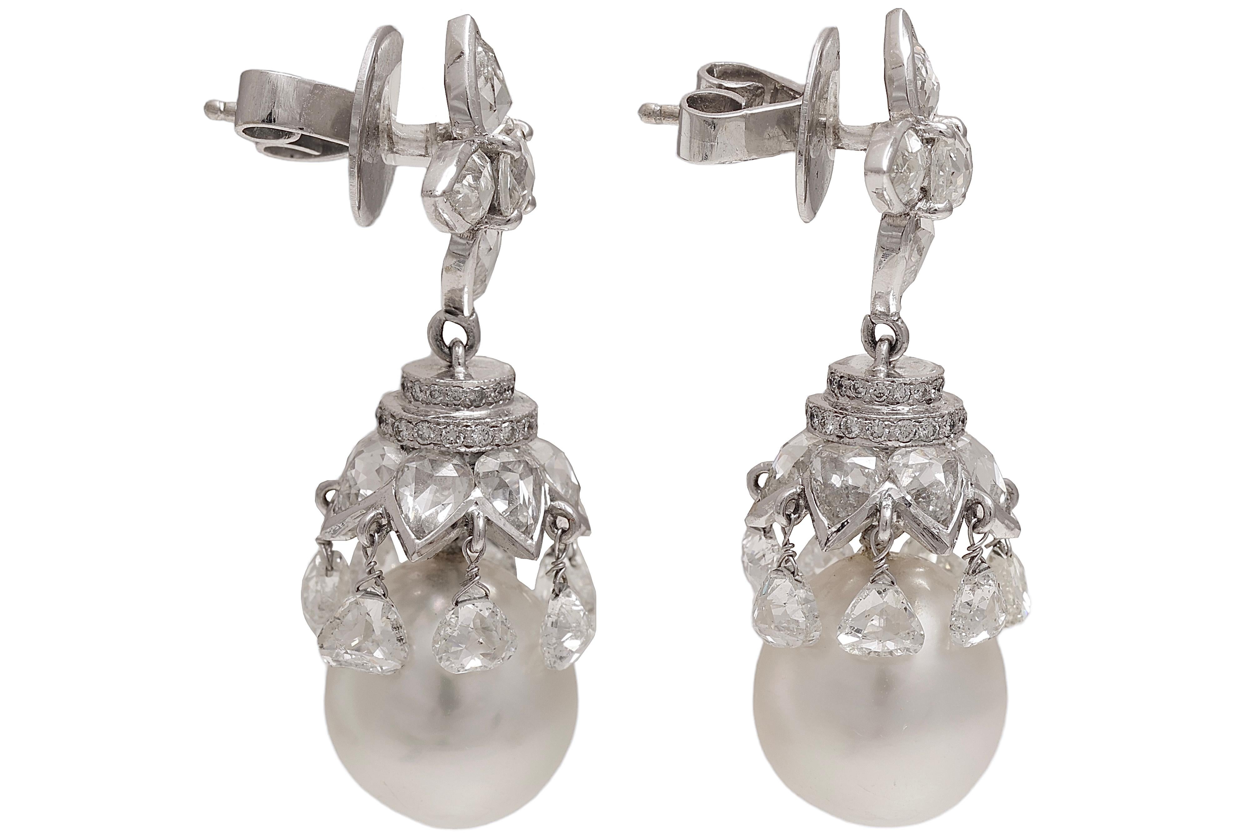 8 Carat  Briolette & Rose Cut Diamonds & South Sea Pearl Earrings in 18 Kt Gold For Sale 1