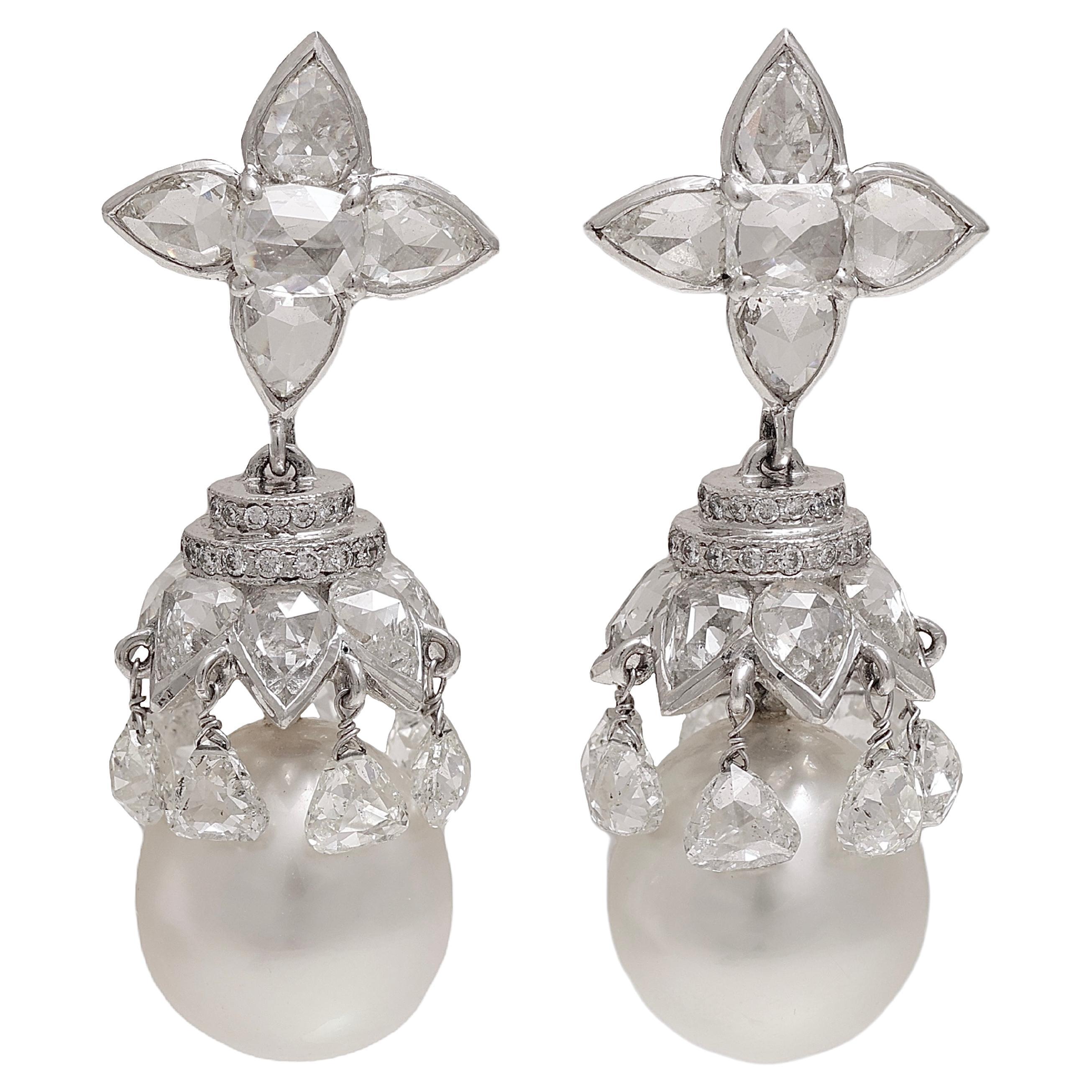 8 Carat  Briolette & Rose Cut Diamonds & South Sea Pearl Earrings in 18 Kt Gold