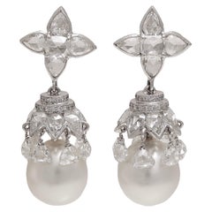 8 Carat  Briolette & Rose Cut Diamonds & South Sea Pearl Earrings in 18 Kt Gold