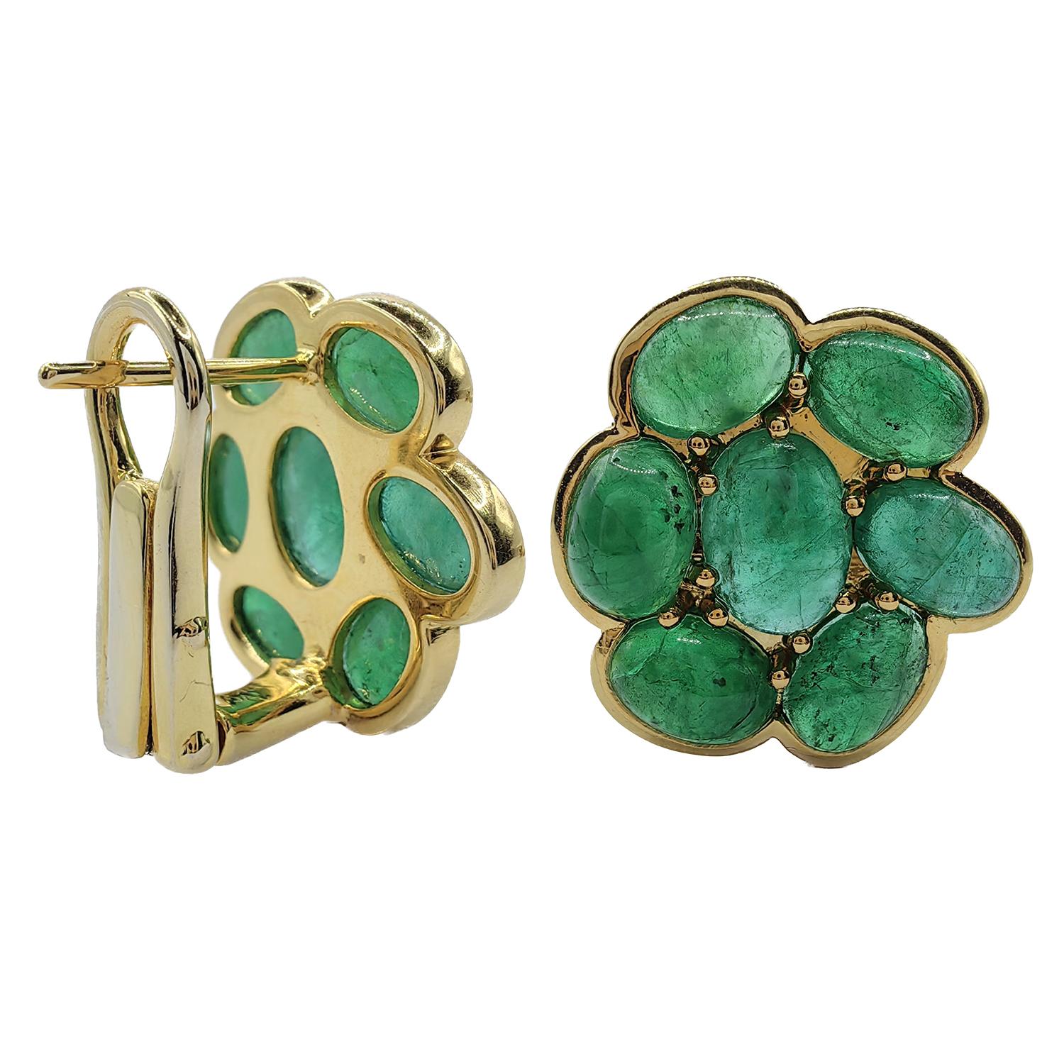 Introducing our stunning Cabochon Emerald Cluster Flower Earrings in 18K Yellow Gold. These exquisite earrings feature a cluster of handpicked cabochon-cut emeralds, totaling approximately 8 carats per pair, set in a beautiful 18K yellow gold