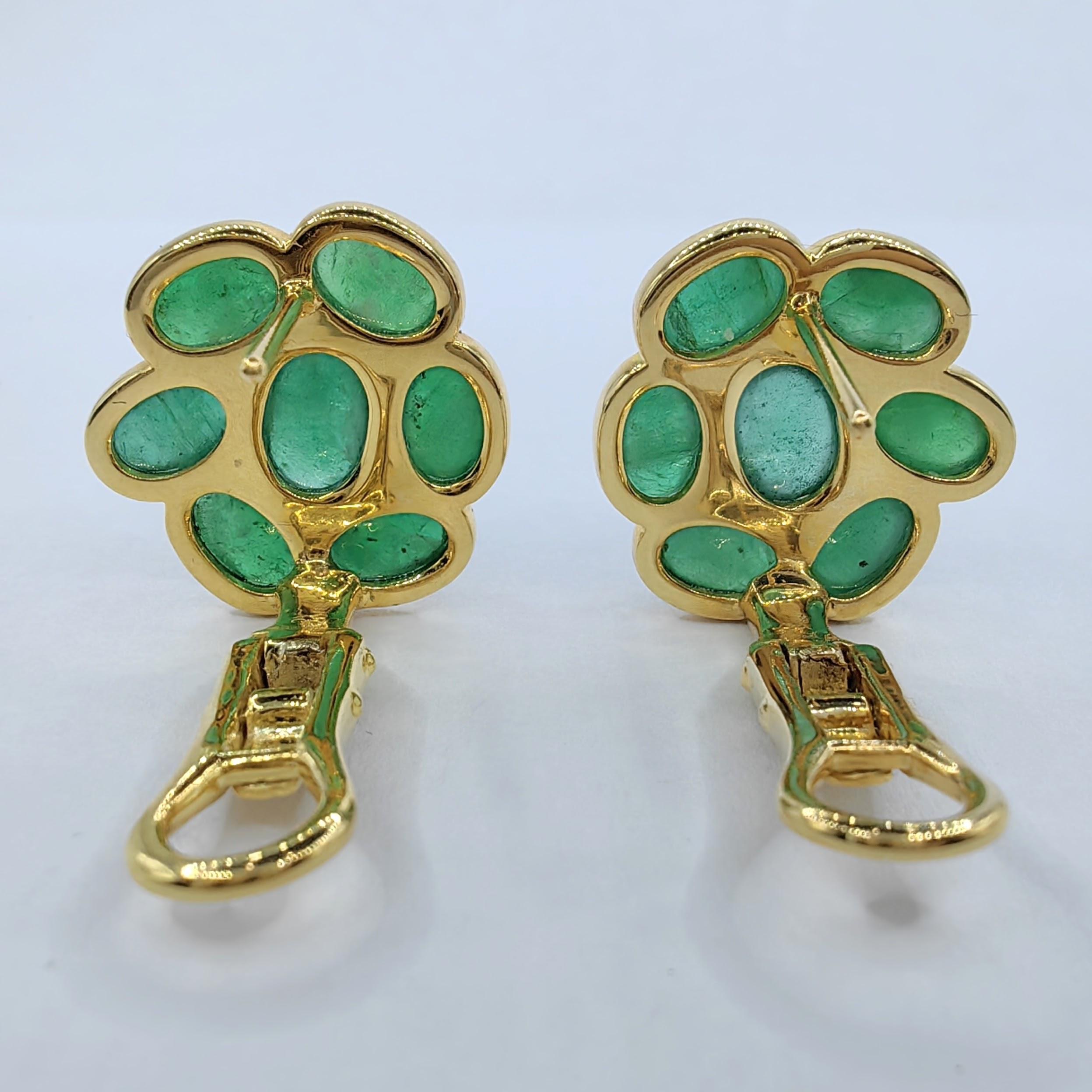 Women's 8 Carat Cabochon Emerald Cluster Flower Earrings in 18K Yellow Gold For Sale