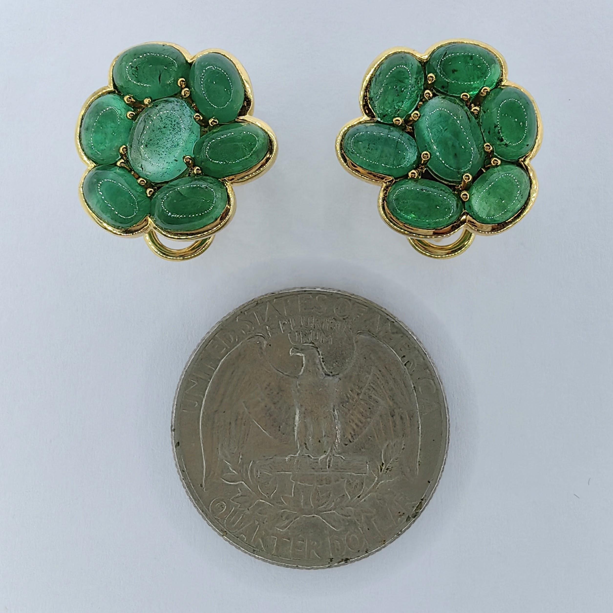8 Carat Cabochon Emerald Cluster Flower Earrings in 18K Yellow Gold For Sale 3