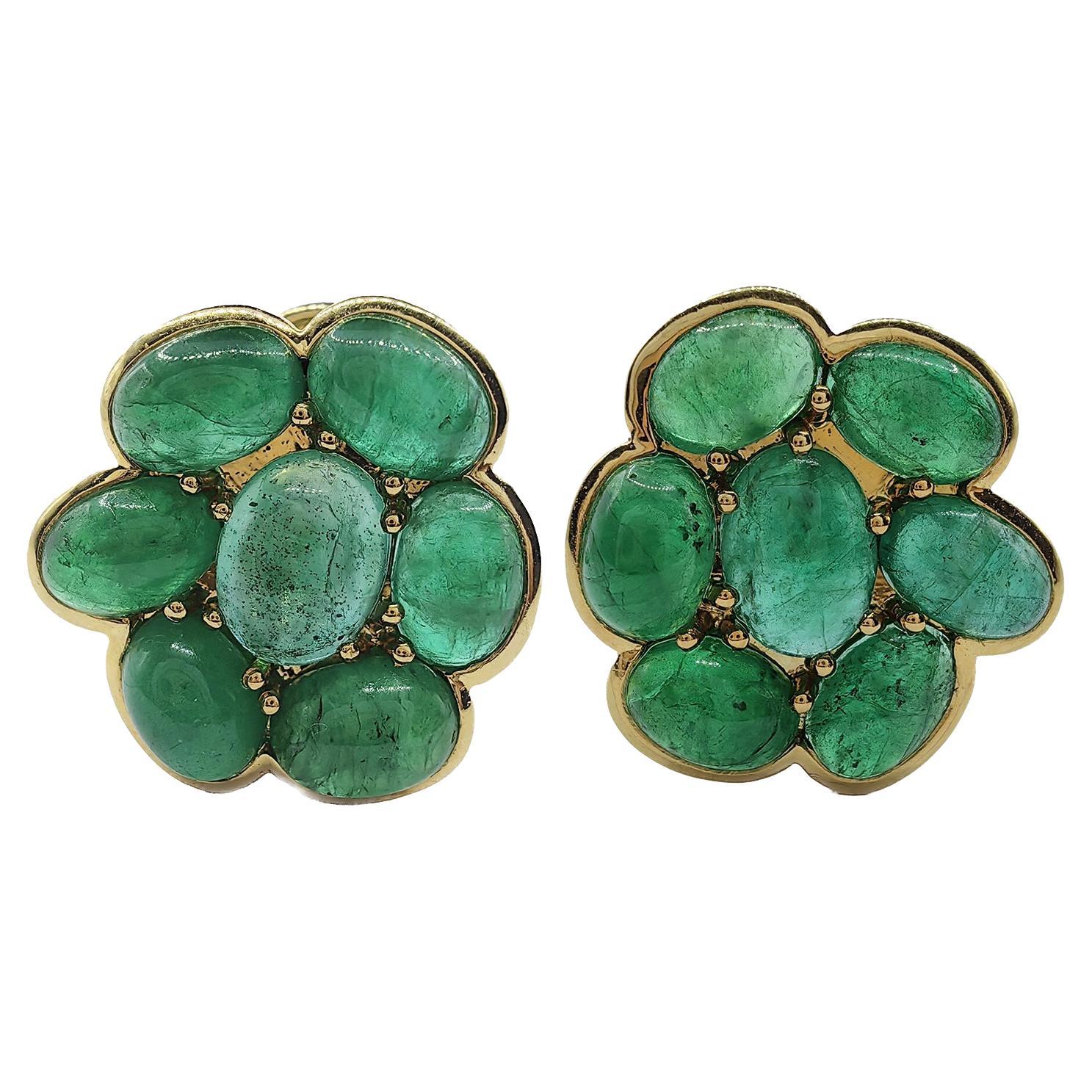 8 Carat Cabochon Emerald Cluster Flower Earrings in 18K Yellow Gold For Sale