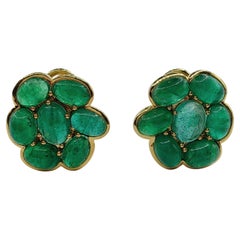 8 Carat Cabochon Emerald Cluster Flower Earrings in 18K Yellow Gold